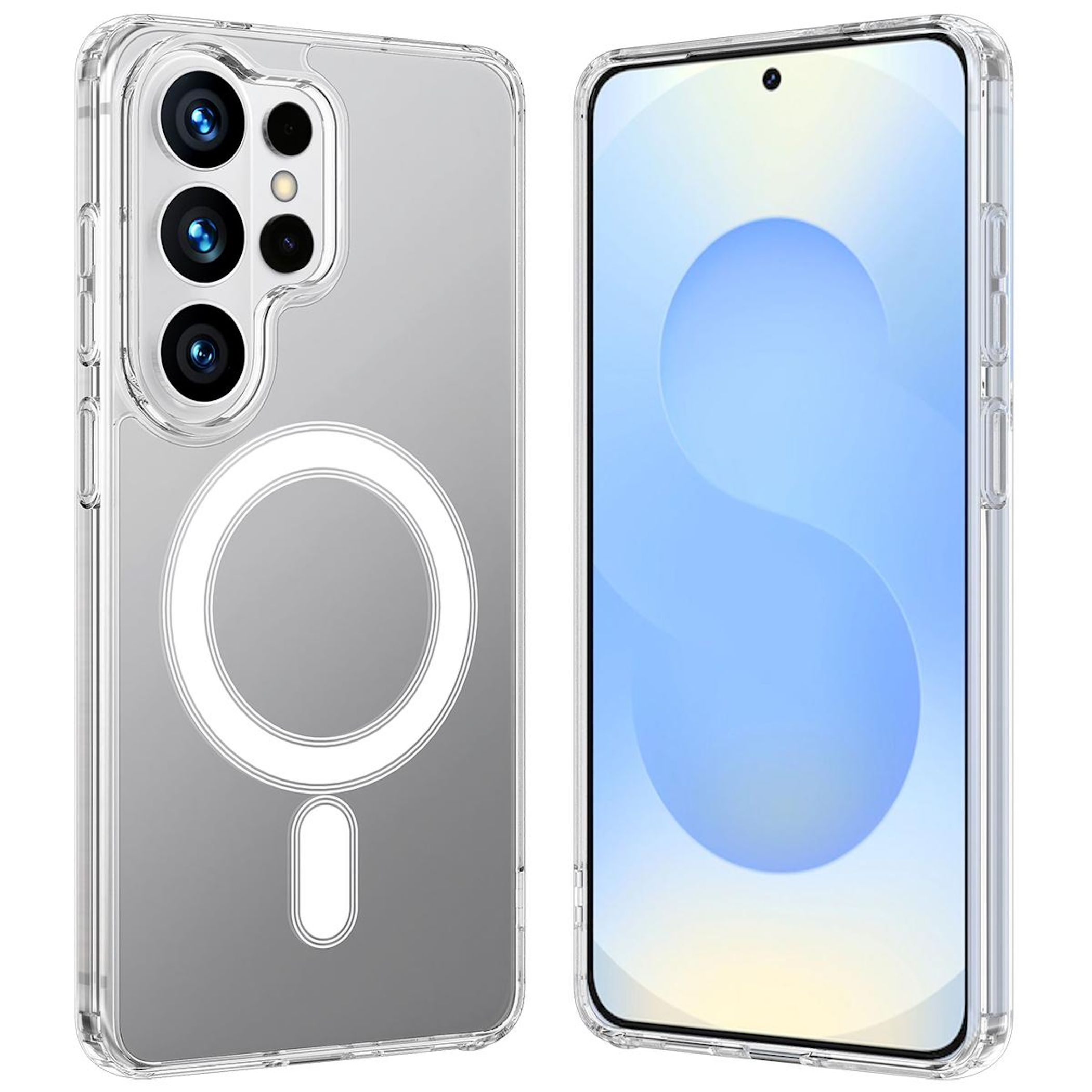 Funda transparente para teléfono con cámara y anillo, vista frontal con pantalla azul.