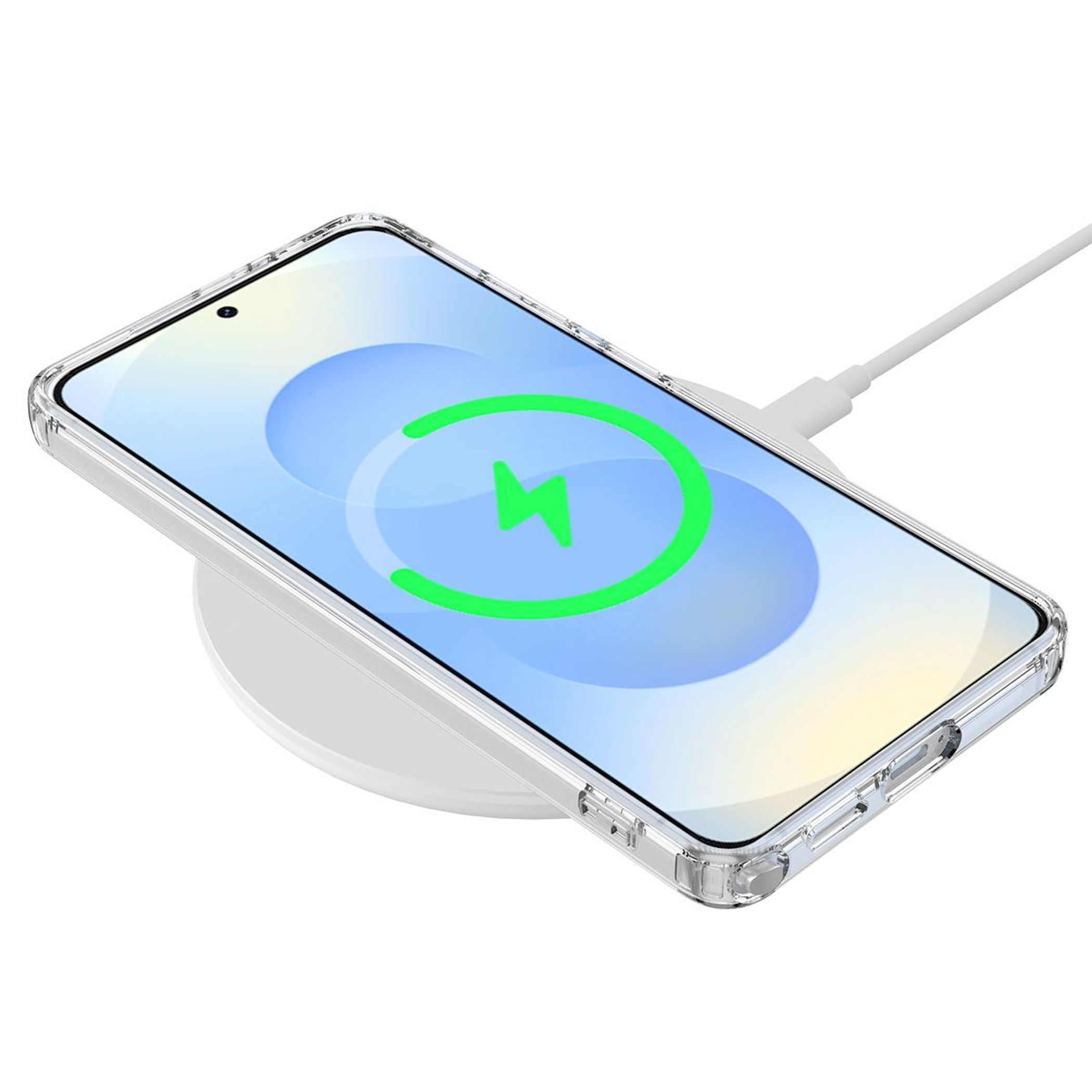 Un smartphone con funda transparente se carga inalámbricamente en una base blanca.