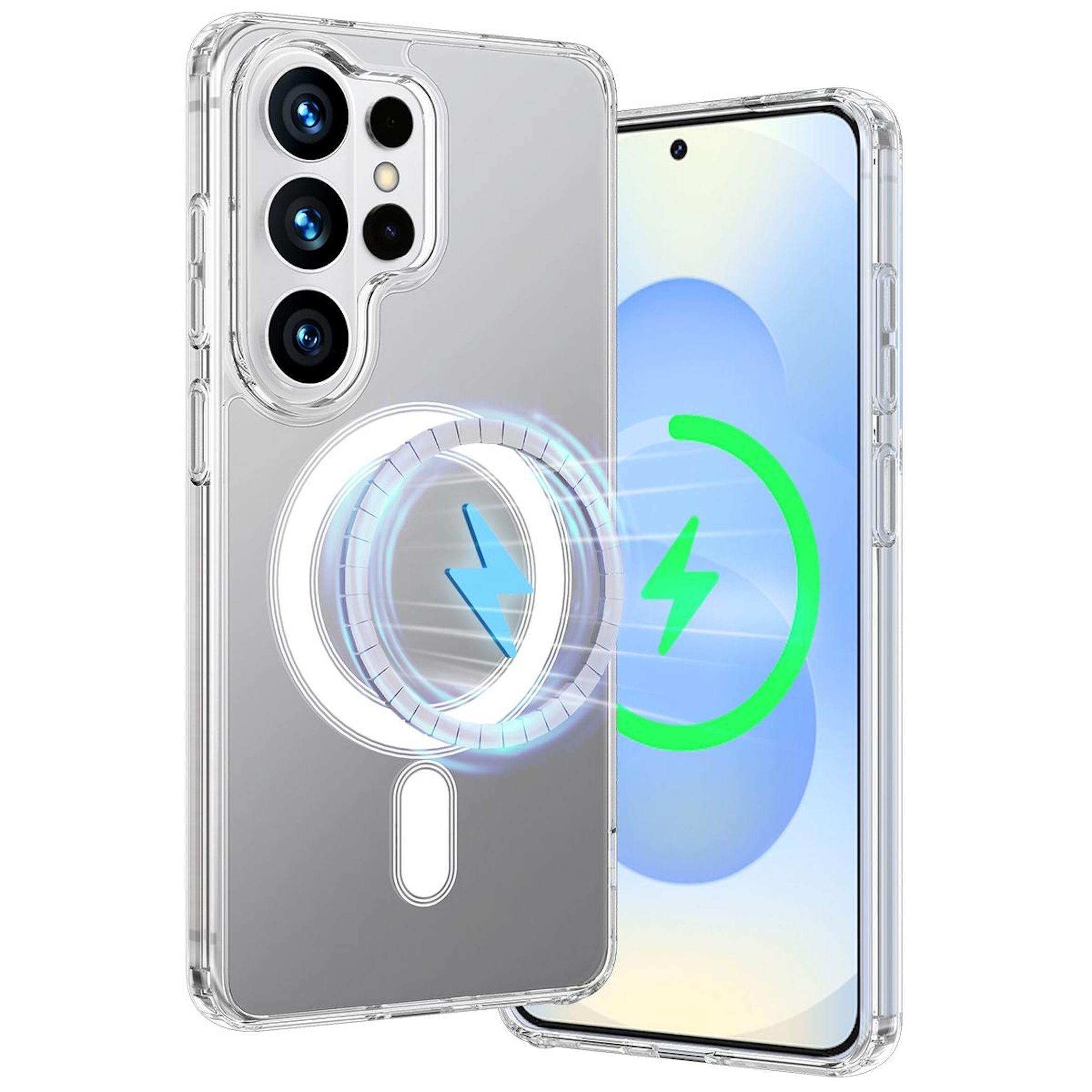 Funda transparente para teléfono con anillo magnético.