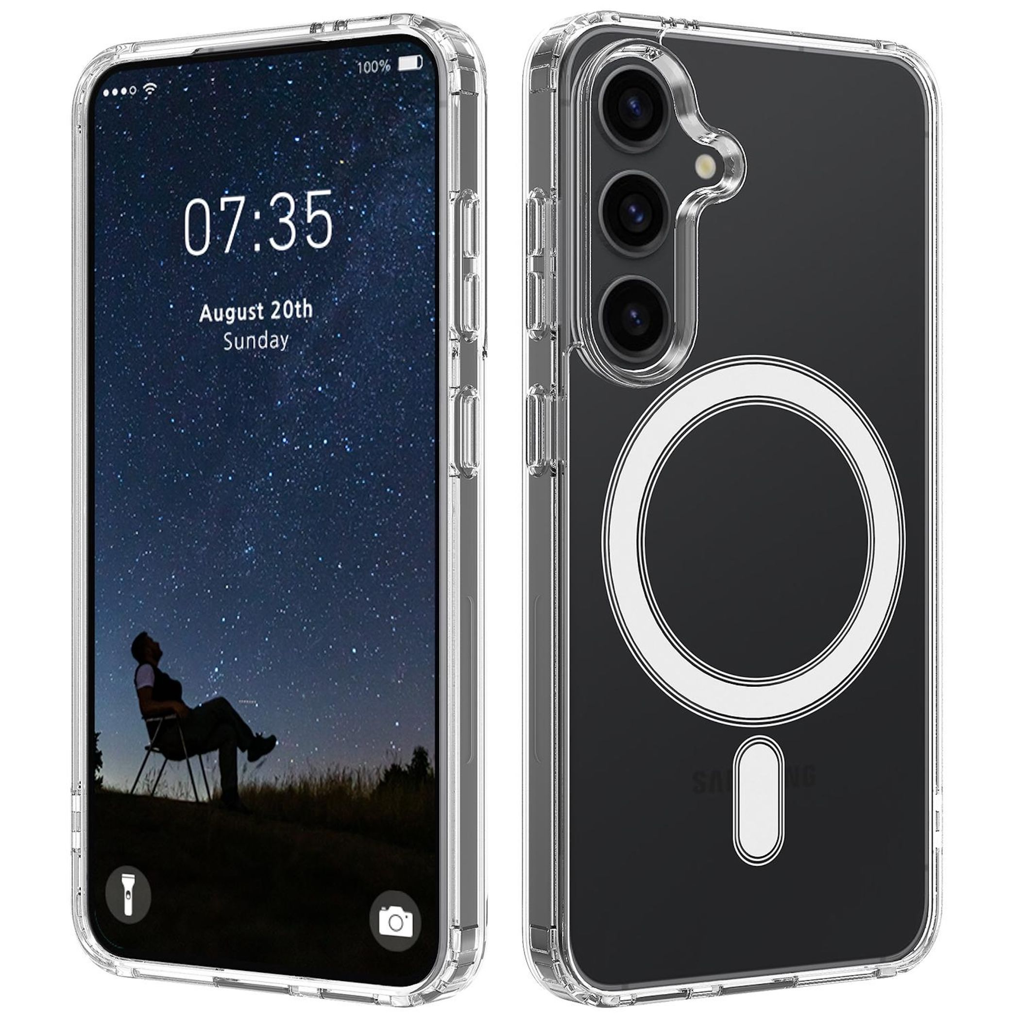 Transparente Handyhülle zeigt Handy-Bildschirm mit Sternenhimmel und Person, Rückseite mit Kameras.