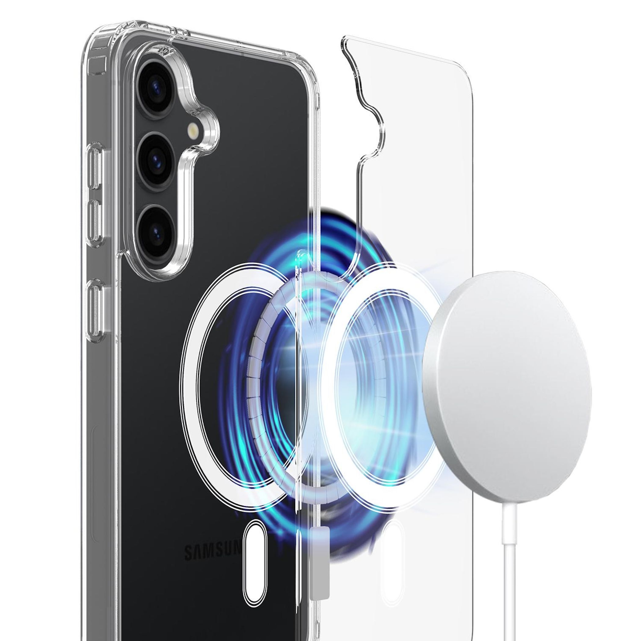 Ein klares Handyhülle mit einem Handy und einem weißen Ladegerät.