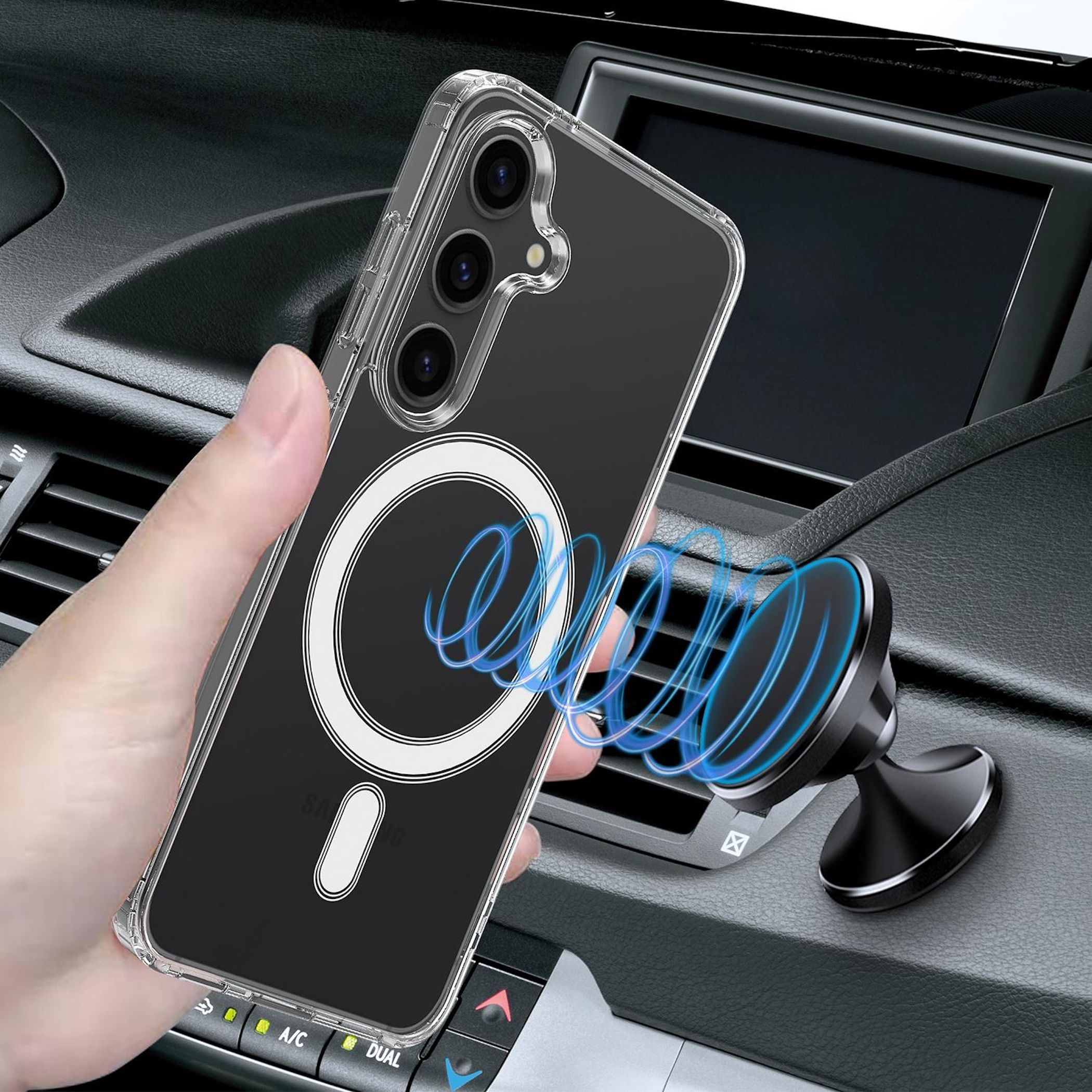 Hand hält transparente Handyhülle mit MagSafe-Ring, magnetischer Autohalterung.