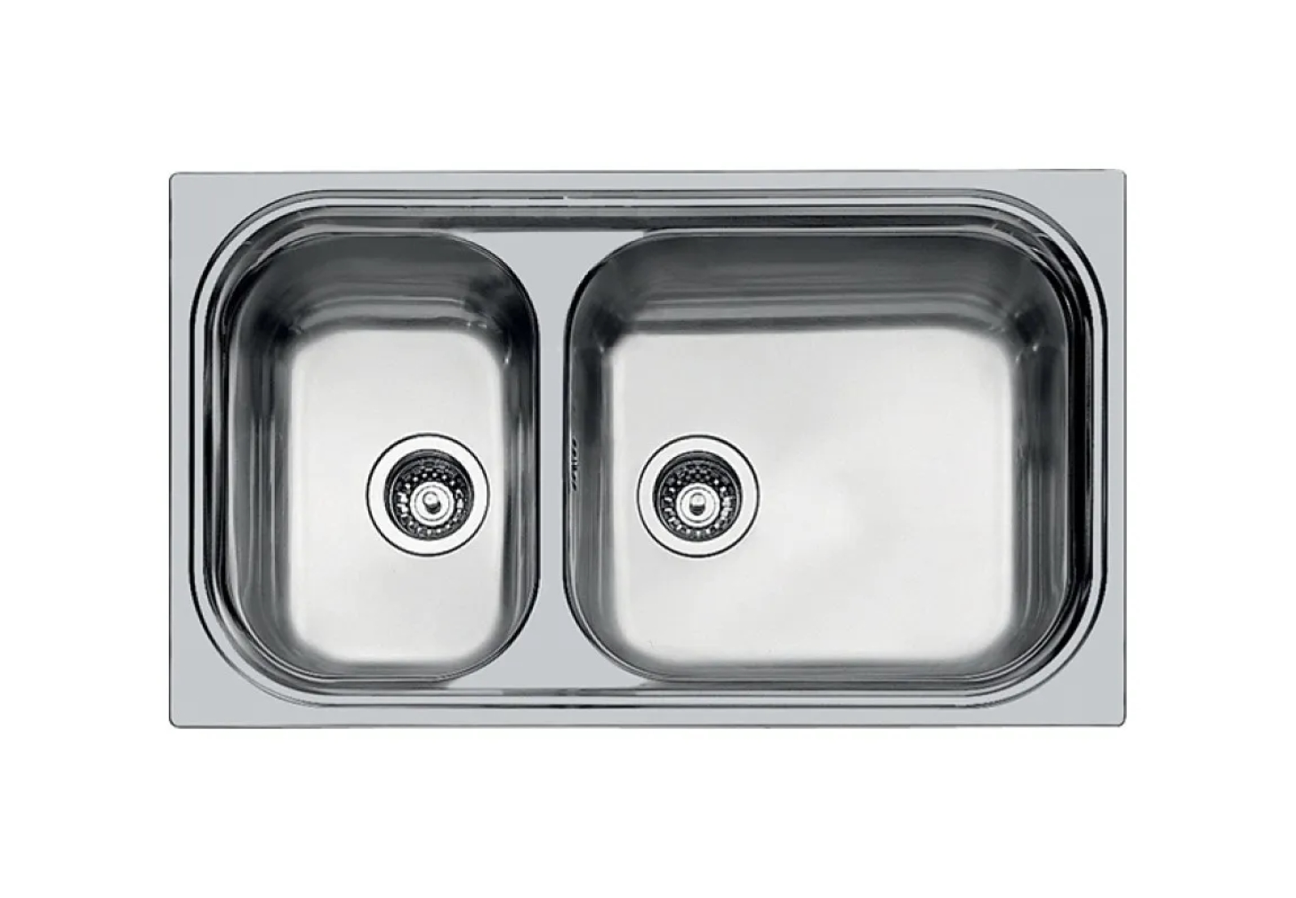 Un lavello doppio in acciaio inox lucido con due scarichi rotondi.
