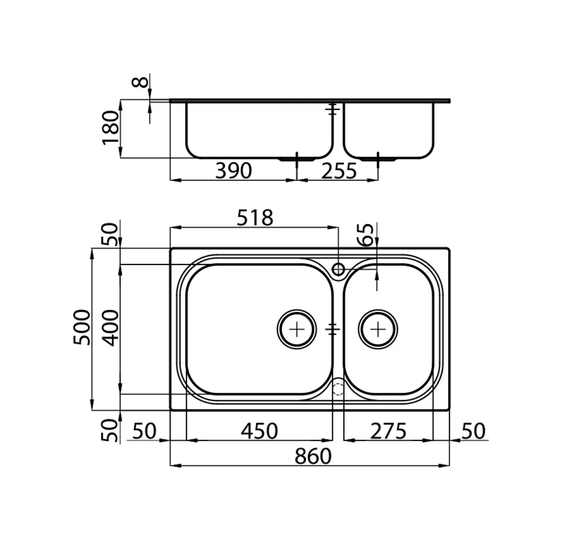 Disegno tecnico di un lavello doppio con dimensioni.