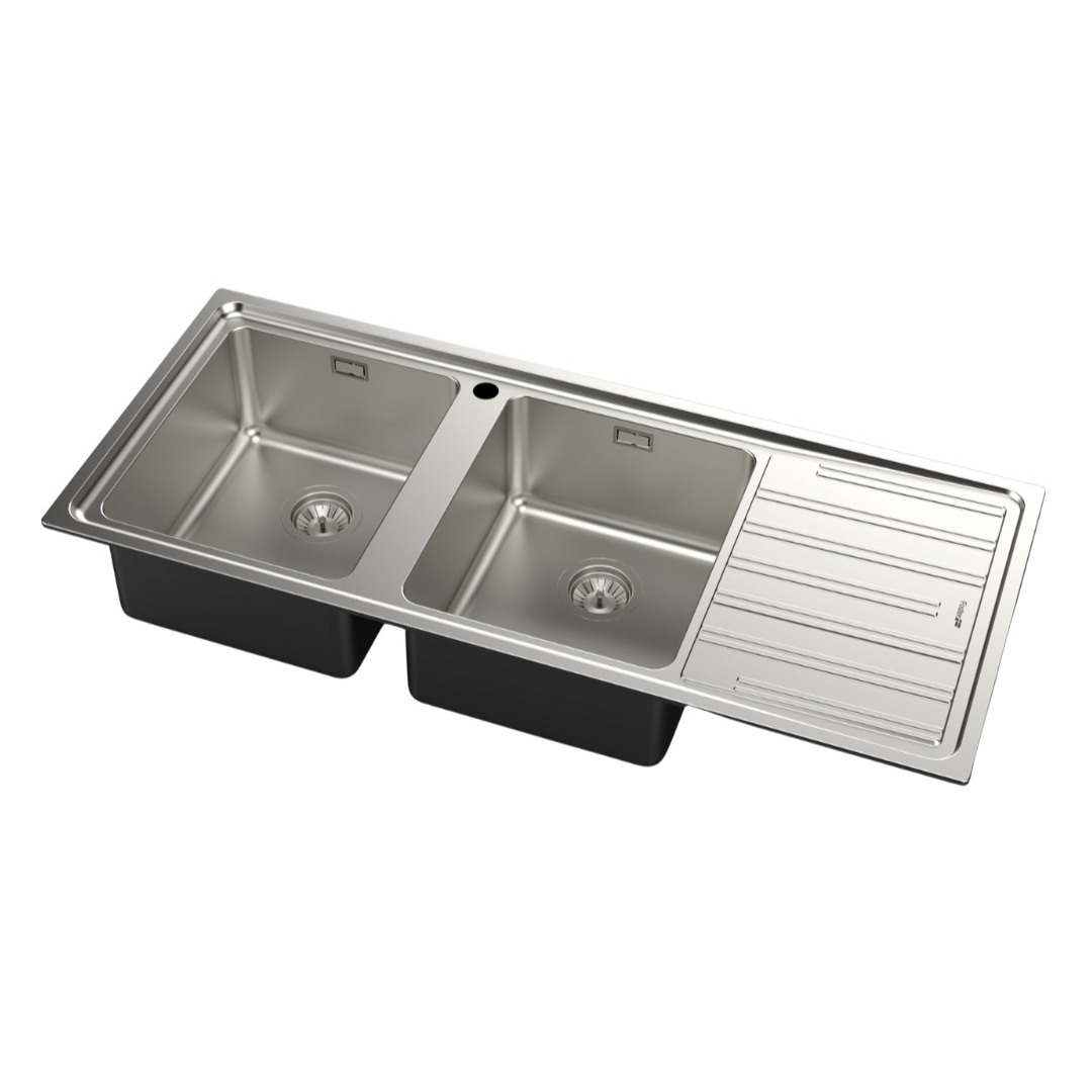 Doppio lavello in acciaio inox con scolapiatti su base nera.