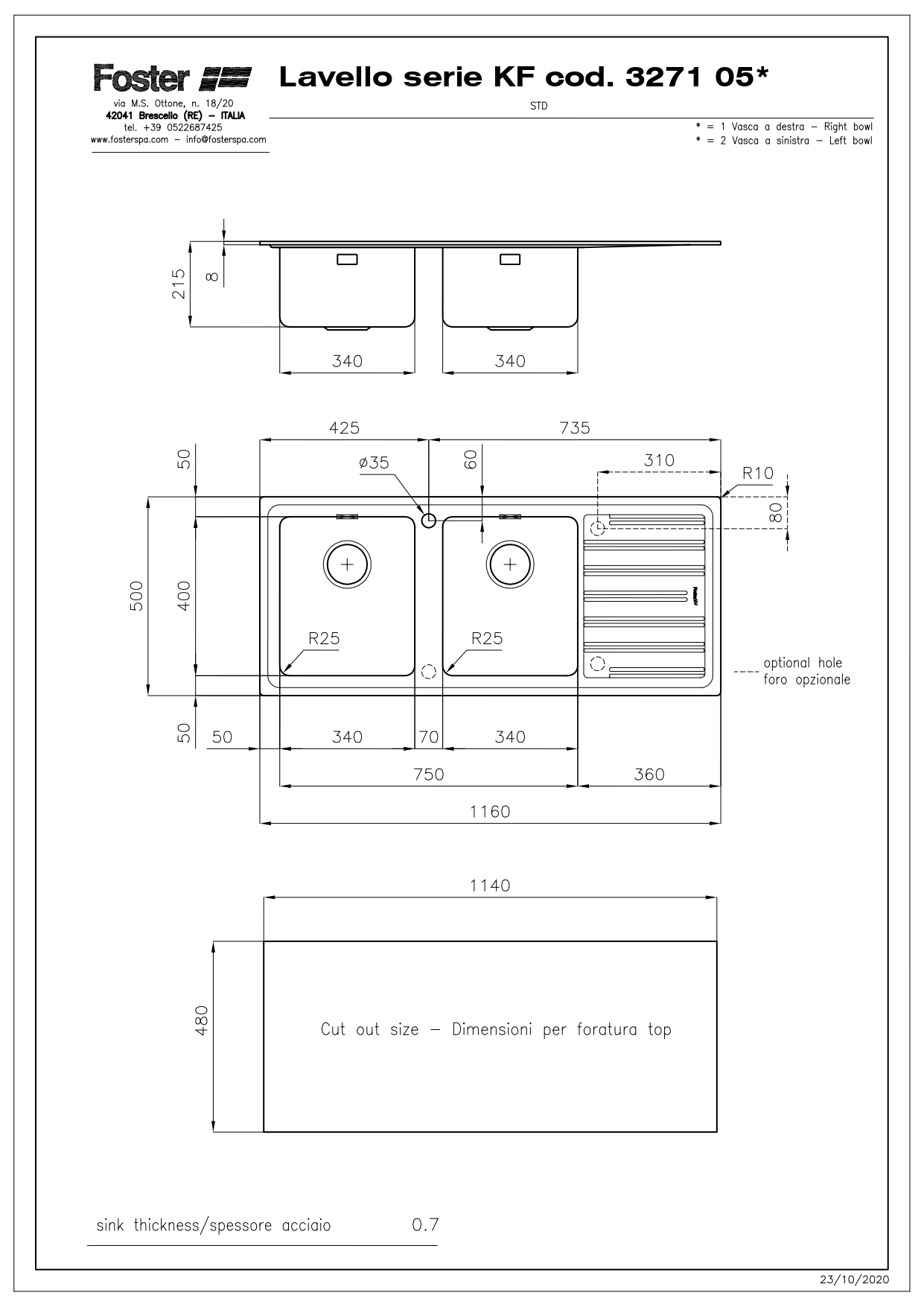 Disegno tecnico di un lavello doppio con dimensioni e dettagli.