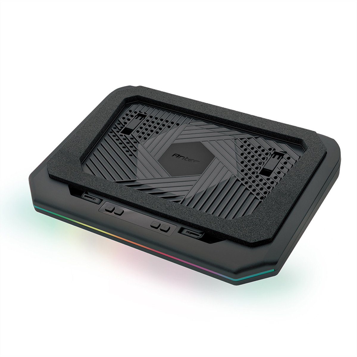 Schwarzer Laptop-Kühler mit RGB-Beleuchtung und Antec-Logo.