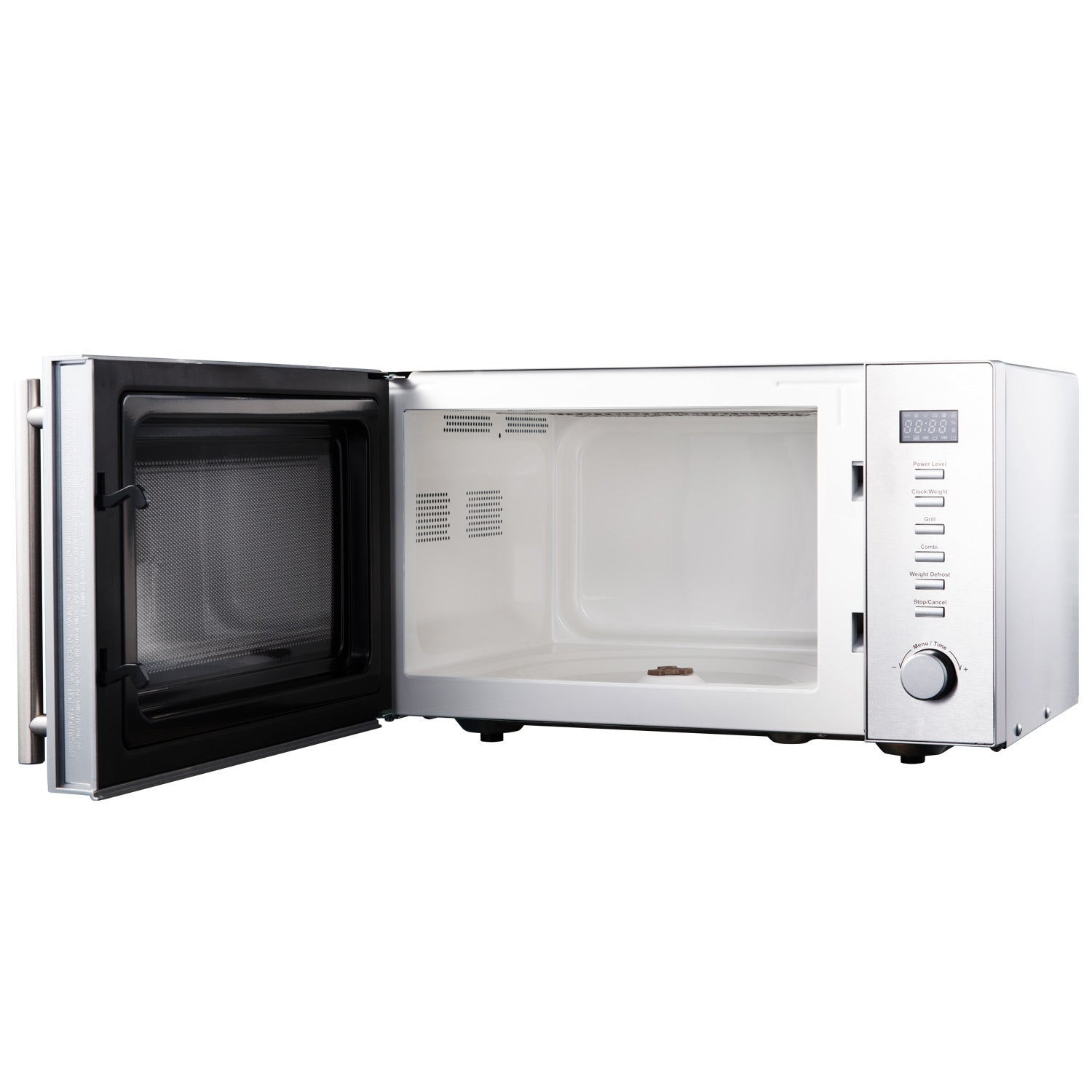 Een witte magnetron met de deur open, met het interieur en bedieningspaneel zichtbaar.