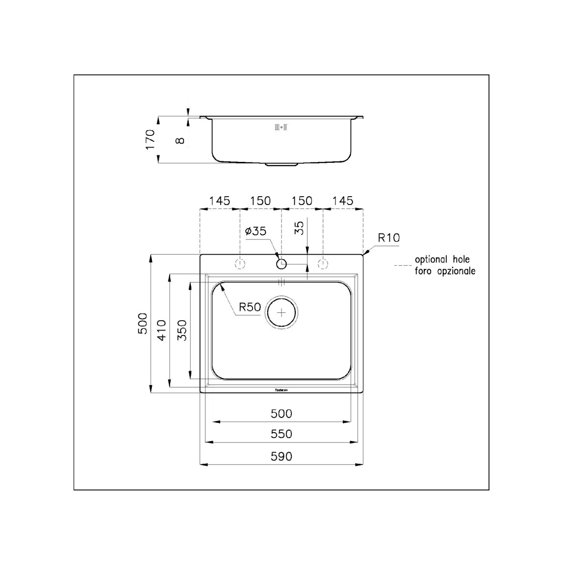 Disegno tecnico di un lavello con dimensioni. Viste dall'alto e laterali.