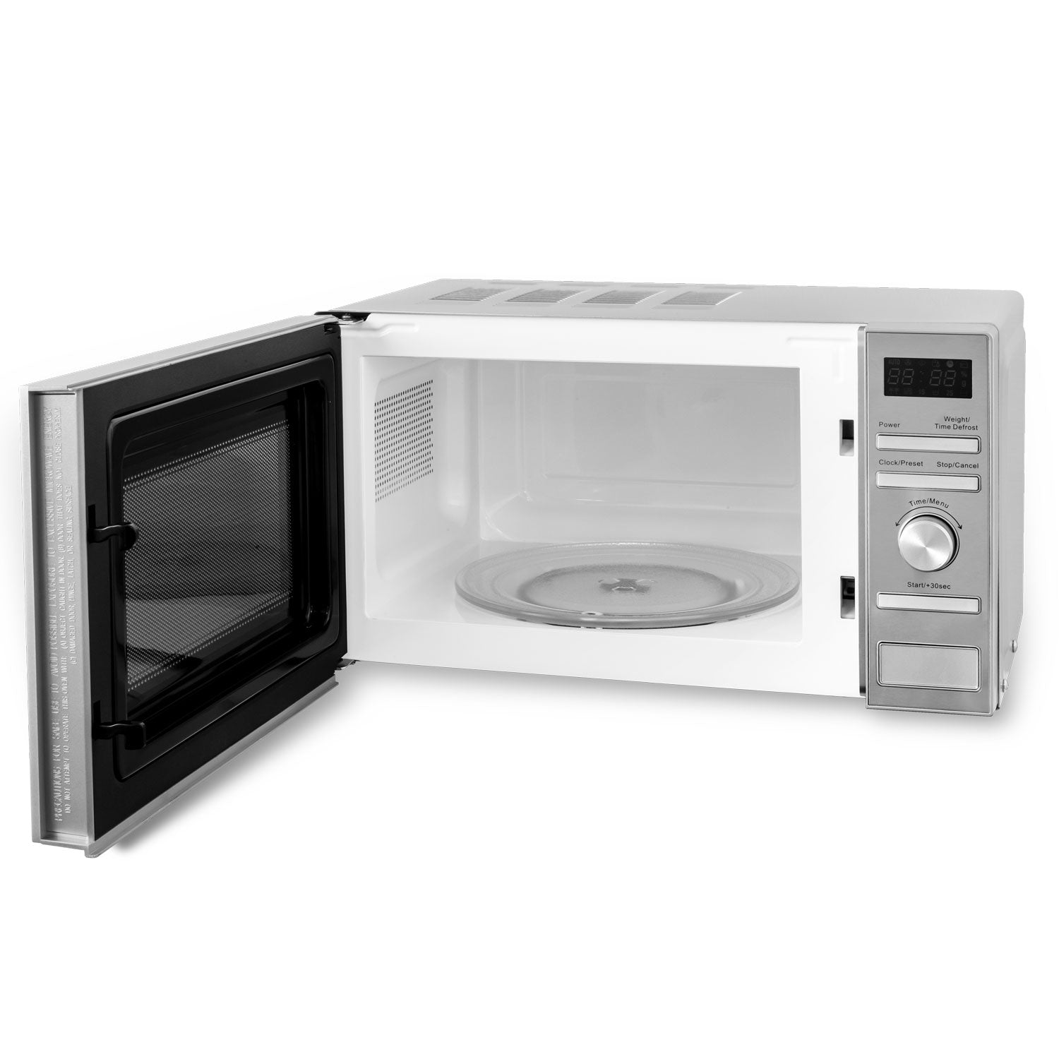 Een witte magnetron met de deur open, met een draaiplateau binnenin.