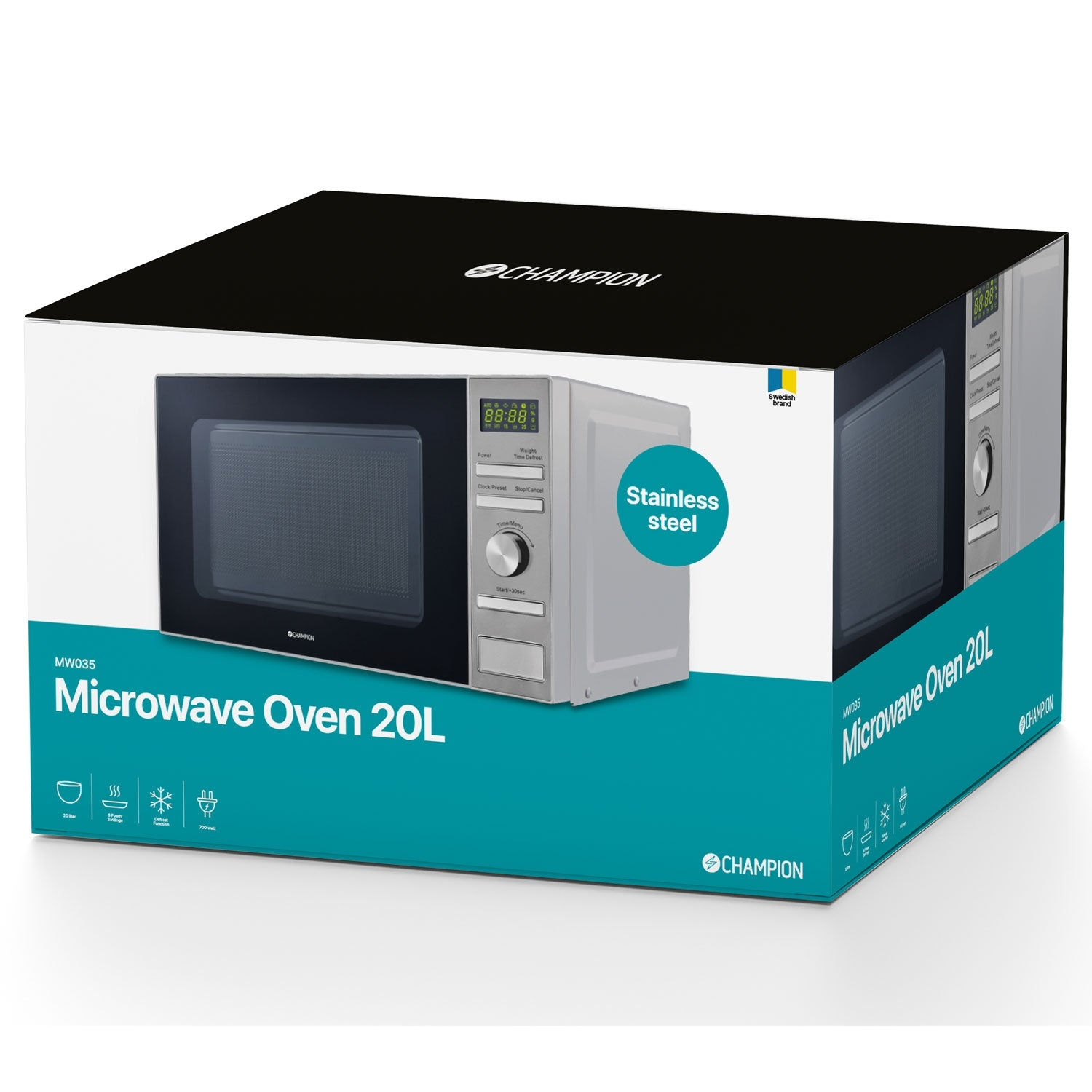 Champion Magnetron 20L, roestvrij staal, met digitaal display en bedieningselementen.