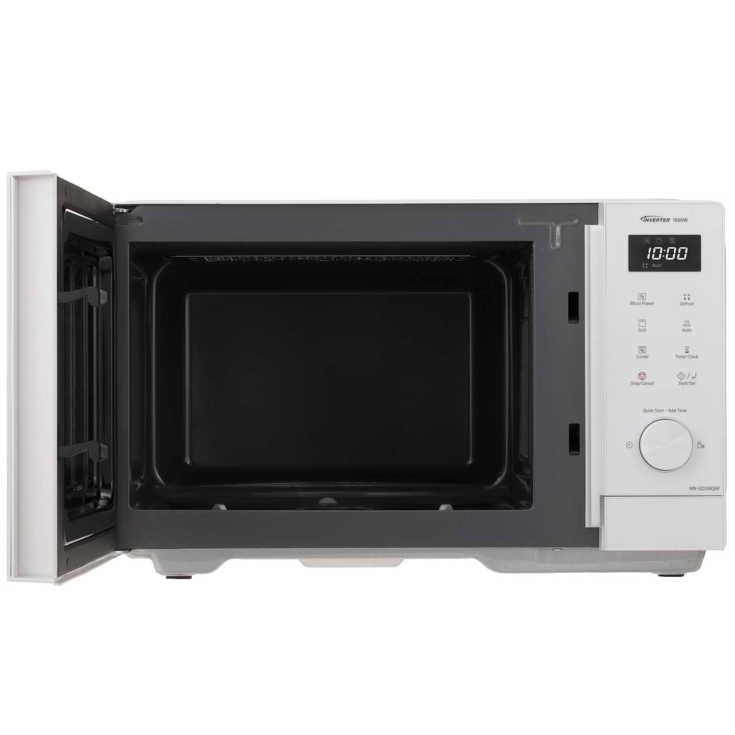 A white microwave with door open and digital display showing 10:00.