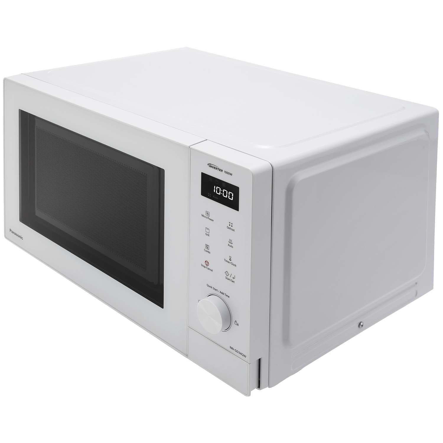 A white Panasonic microwave oven with a digital display and a control knob.