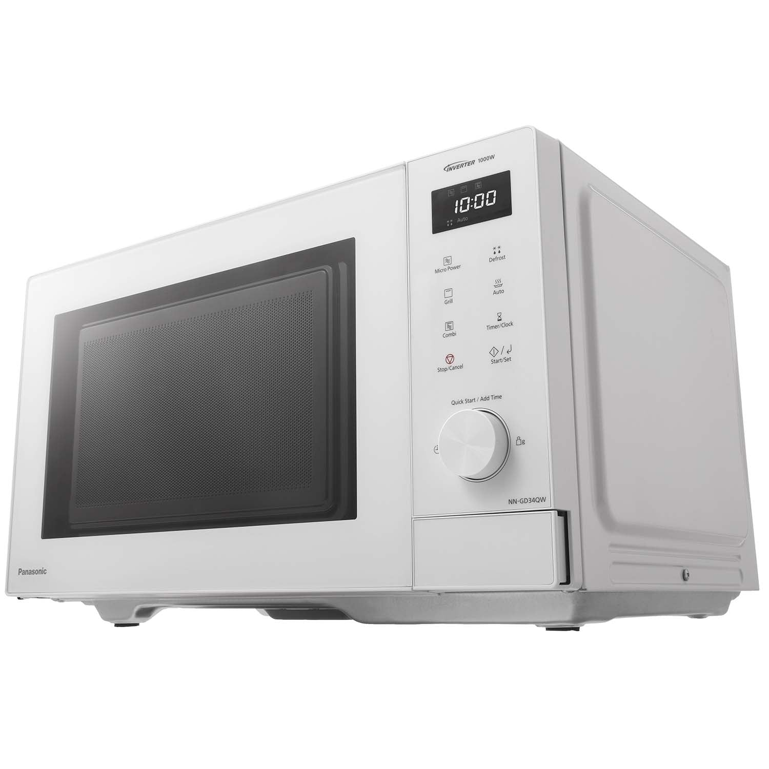 White Panasonic microwave with digital display and control panel.