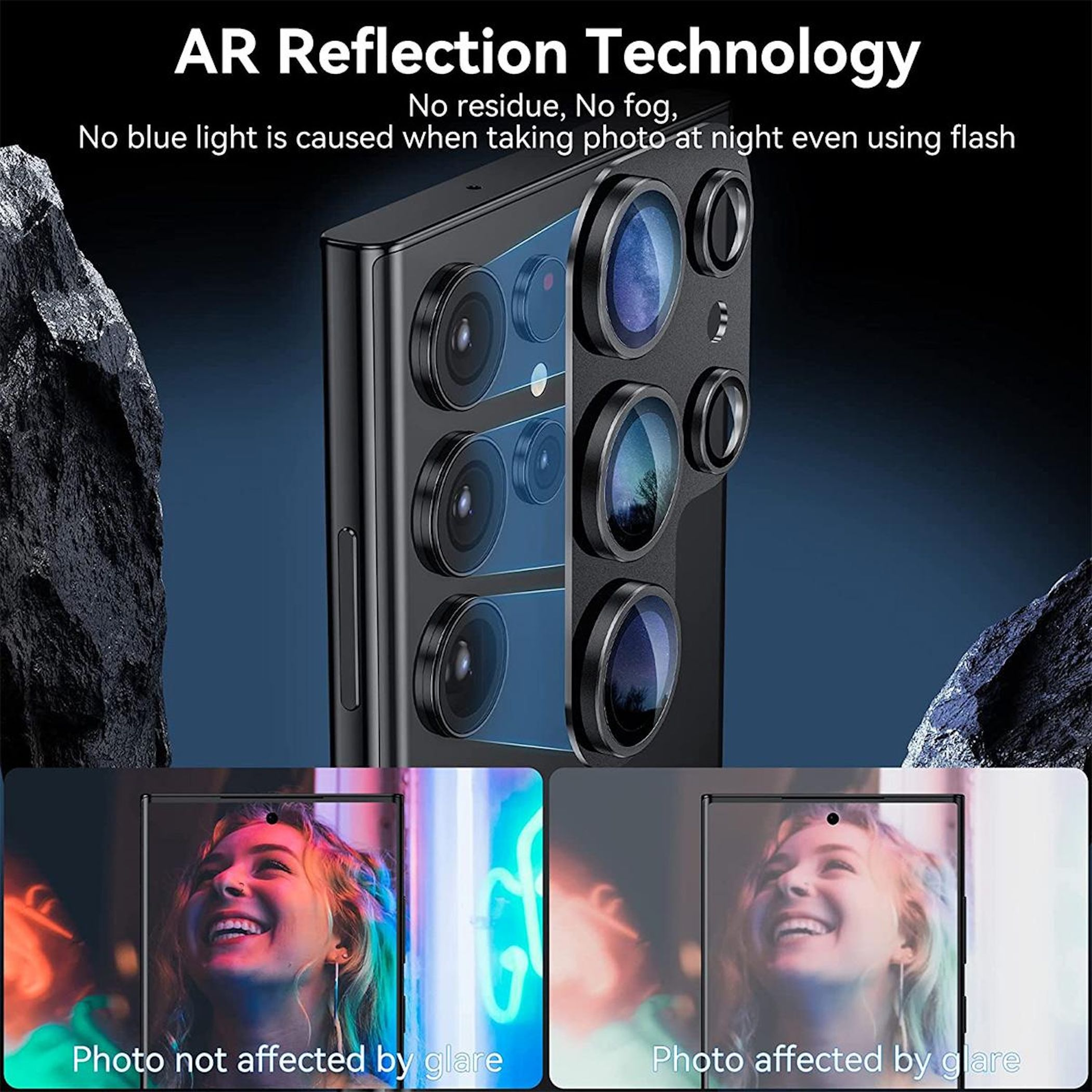 Smartphone-Kamera mit AR-Technologie, zeigt zwei Fotos einer Frau, eines mit Glanz, eines ohne.