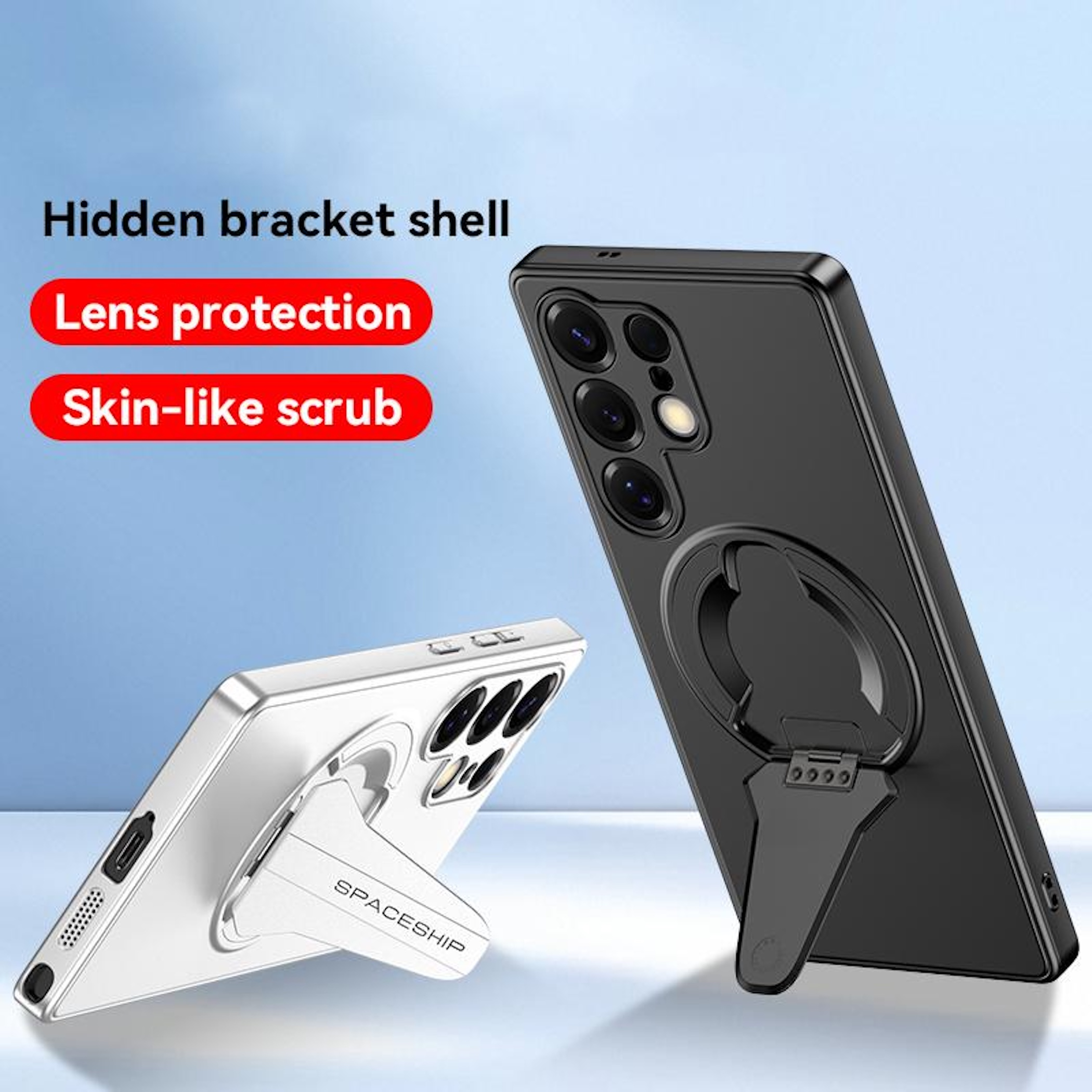 Zwei Handyhüllen mit Ständer: eine schwarze mit Ring und eine weiße.