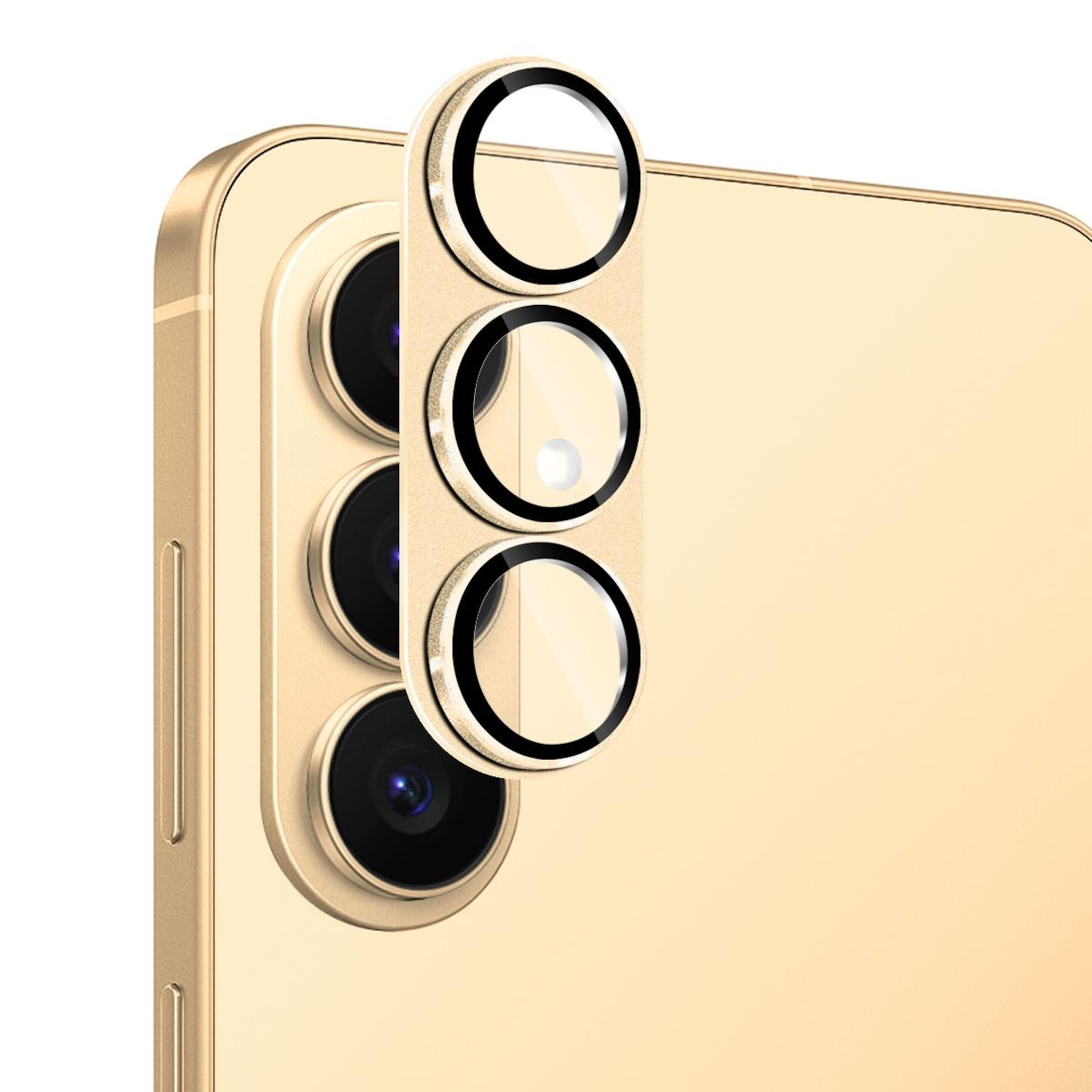 Smartphone dorato con tripla fotocamera e copriobiettivo.