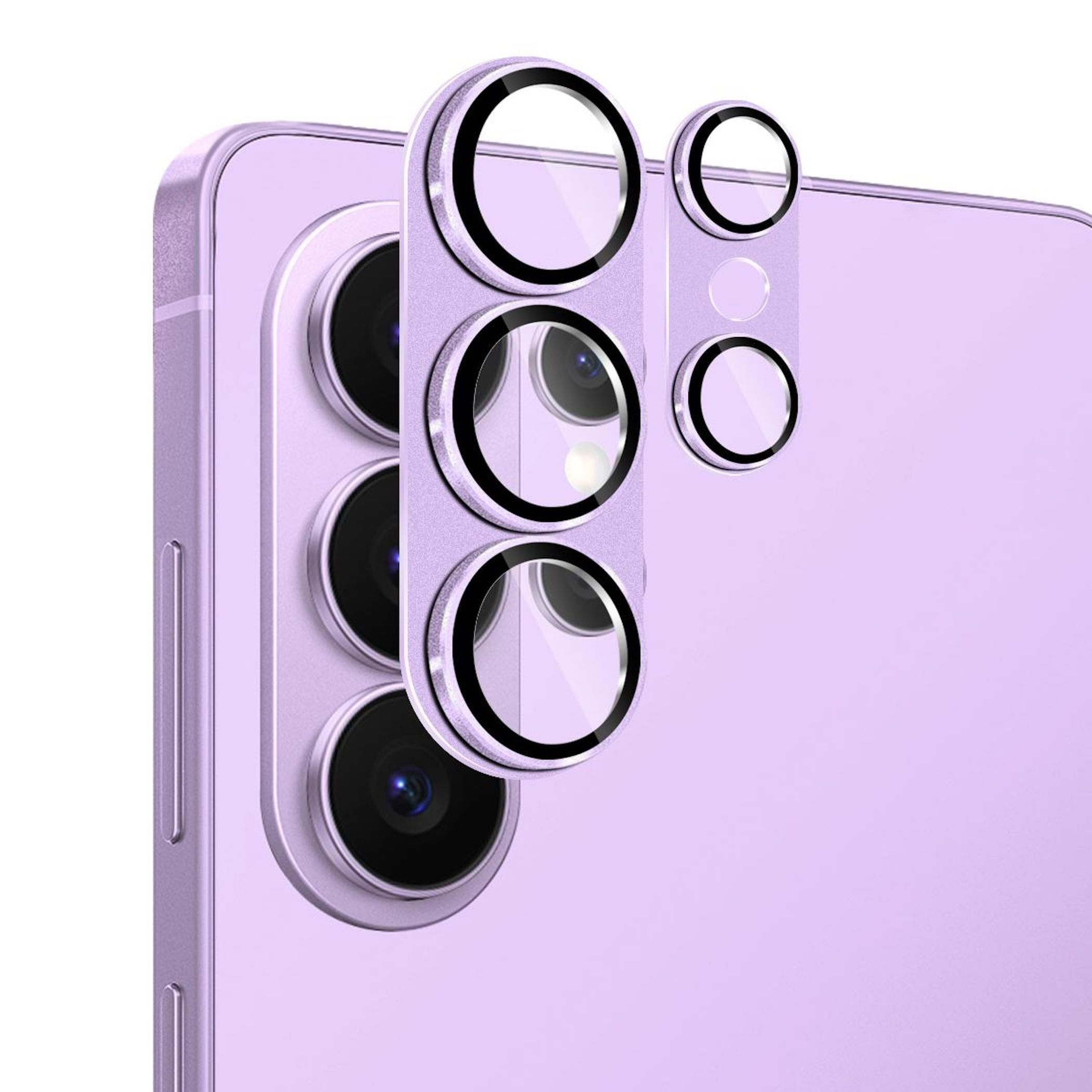 Un kit di protezione per obiettivo fotocamera smartphone viola con più lenti.