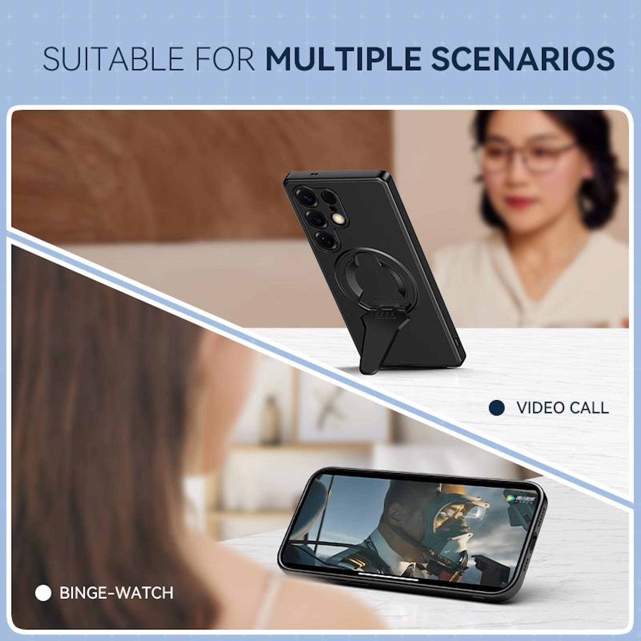 Ein schwarzes Handy mit Ständer für Videoanrufe und zum Binge-Watching.