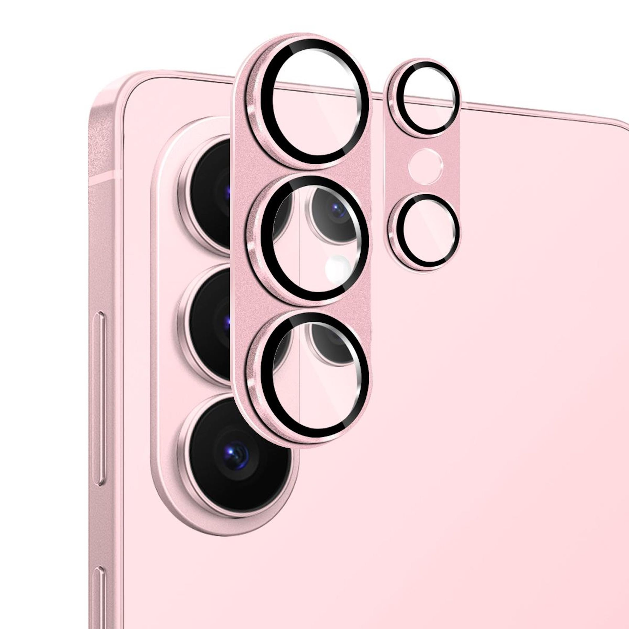 Telefono rosa con protezioni per lenti sulle fotocamere.