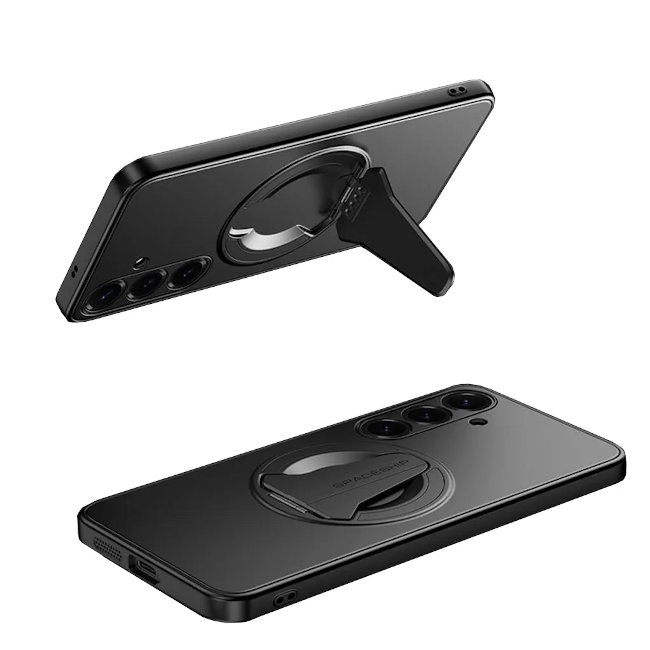 Schwarzes Smartphone mit Ständer und Dreifachkamera in zwei Ausrichtungen.