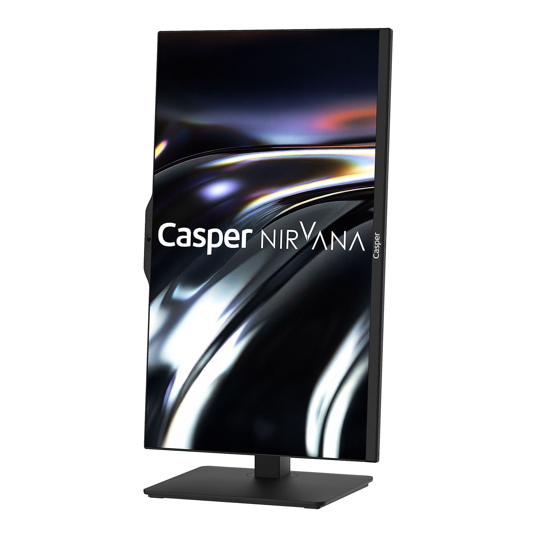 Siyah bir monitör, koyu, dalgalı bir arka plan üzerinde Casper NIRVANA logosunu gösteriyor.