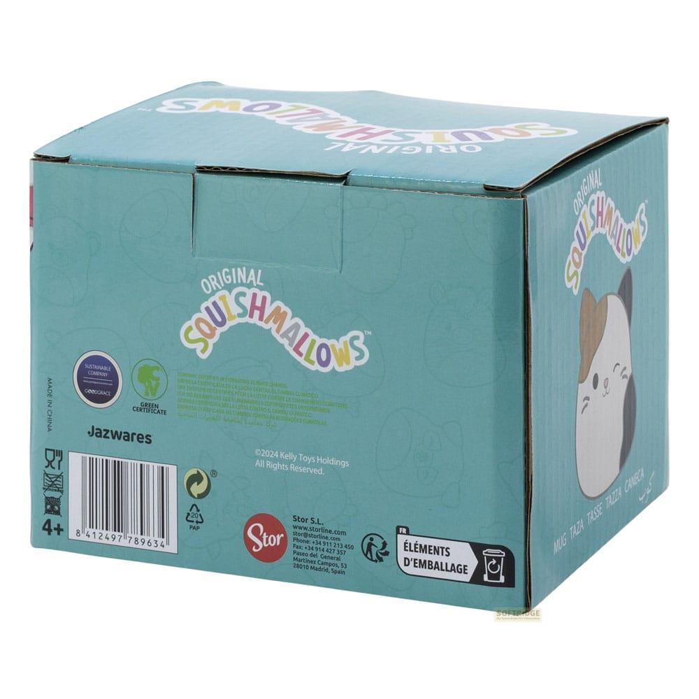 Ein Squishmallows-Karton mit einem niedlichen Katzenmotiv, Informationen und Barcode.