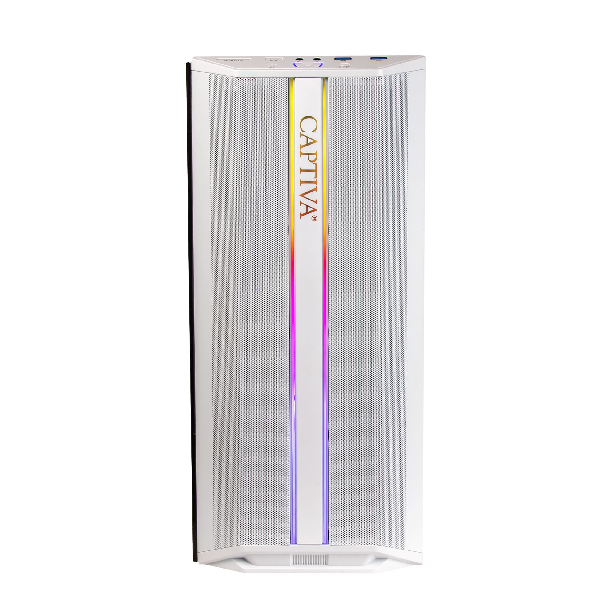 Un case PC bianco con logo CAPTIVA e illuminazione RGB.