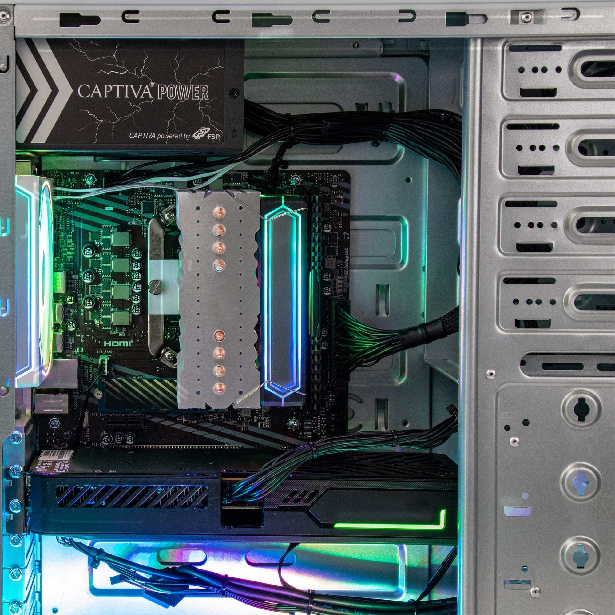 Un case per PC con pannello laterale aperto, illuminato da luci RGB.