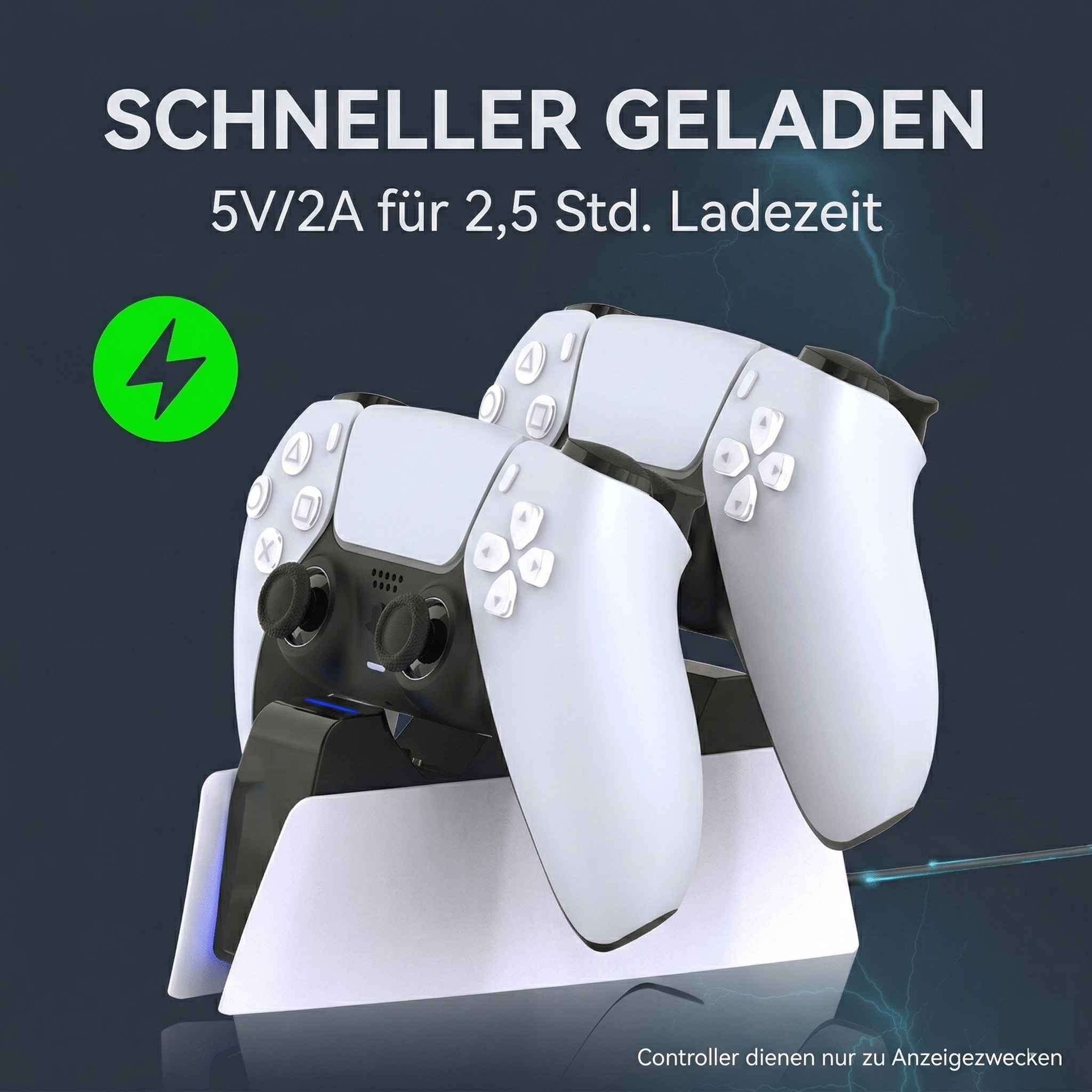 Zwei weiße Controller auf einer Ladestation mit Blitzsymbol und Text.