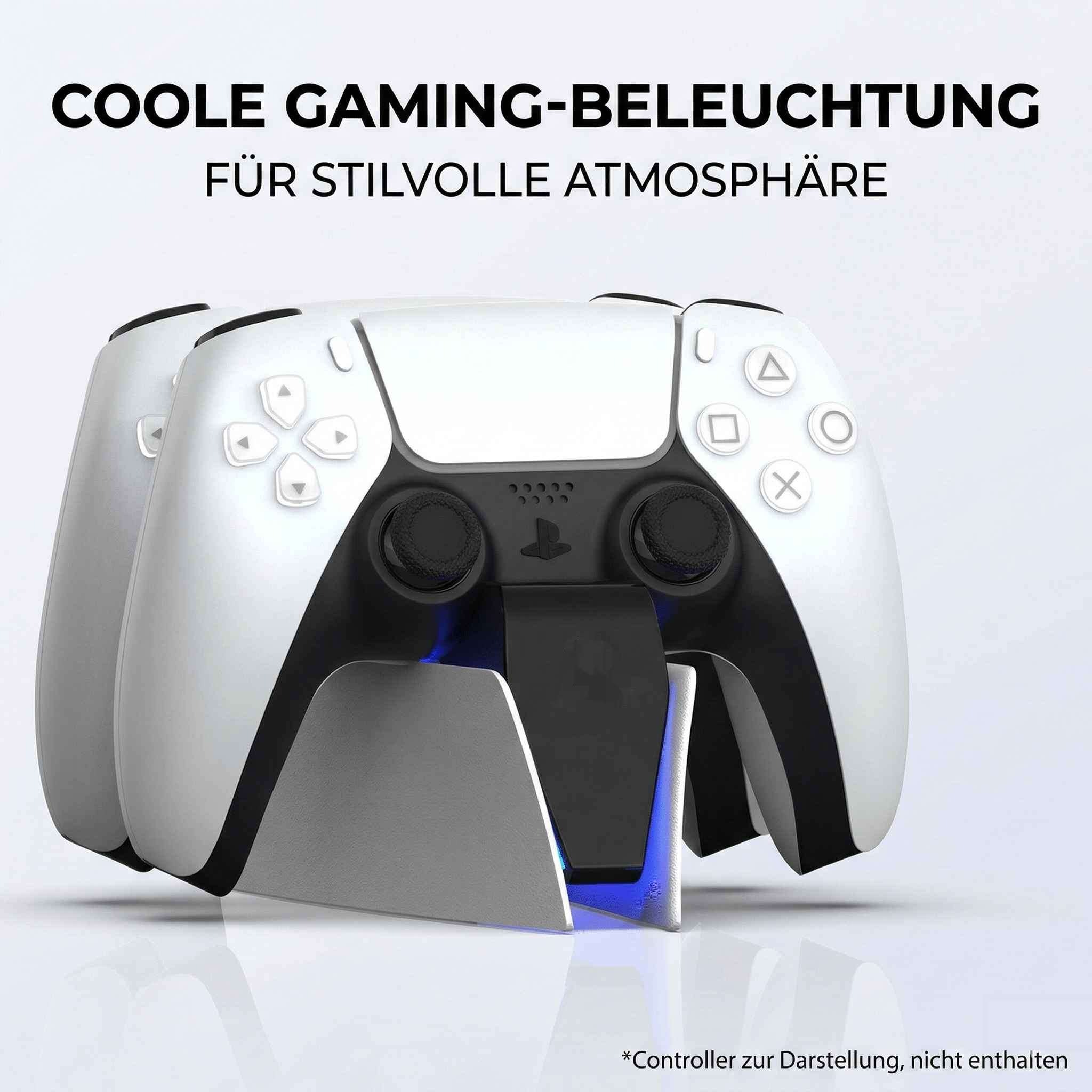 Zwei weiße Controller-Ladestationen mit blauer Beleuchtung auf weißem Hintergrund.