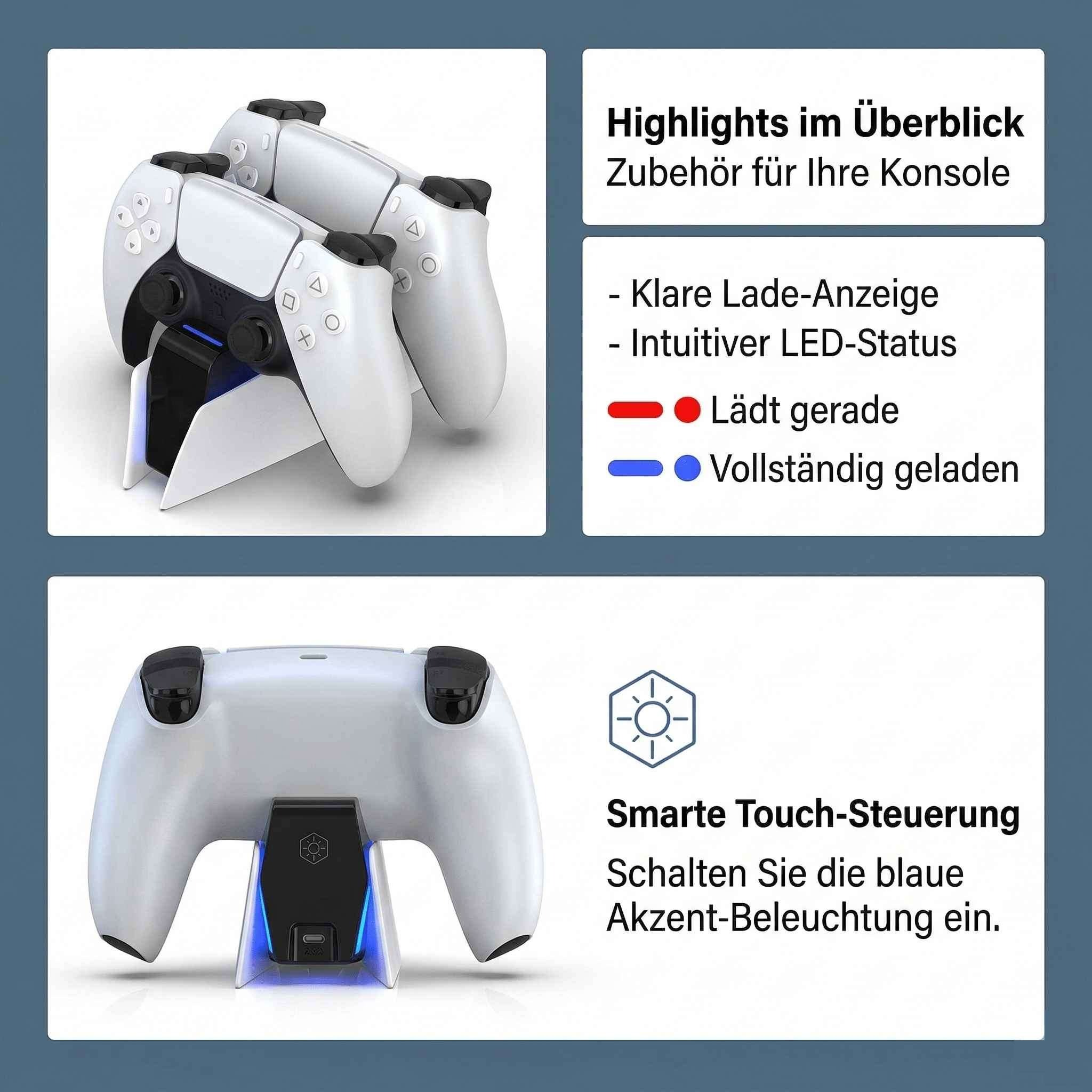 Weiße Controller im Lade-Dock mit blauer Beleuchtung. Infos zur LED-Anzeige.