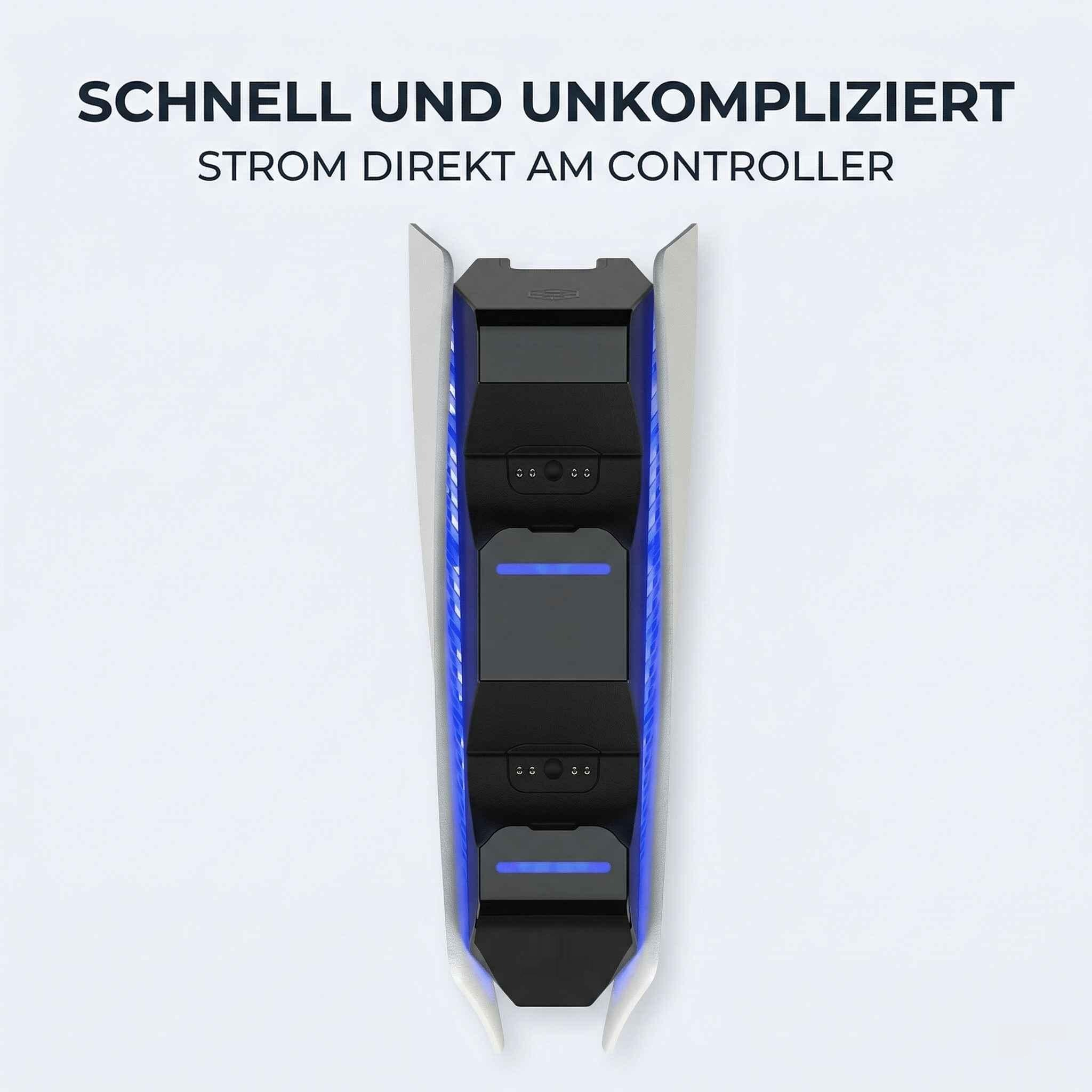Schwarzes Ladegerät mit blauen Lichtakzenten für Controller.