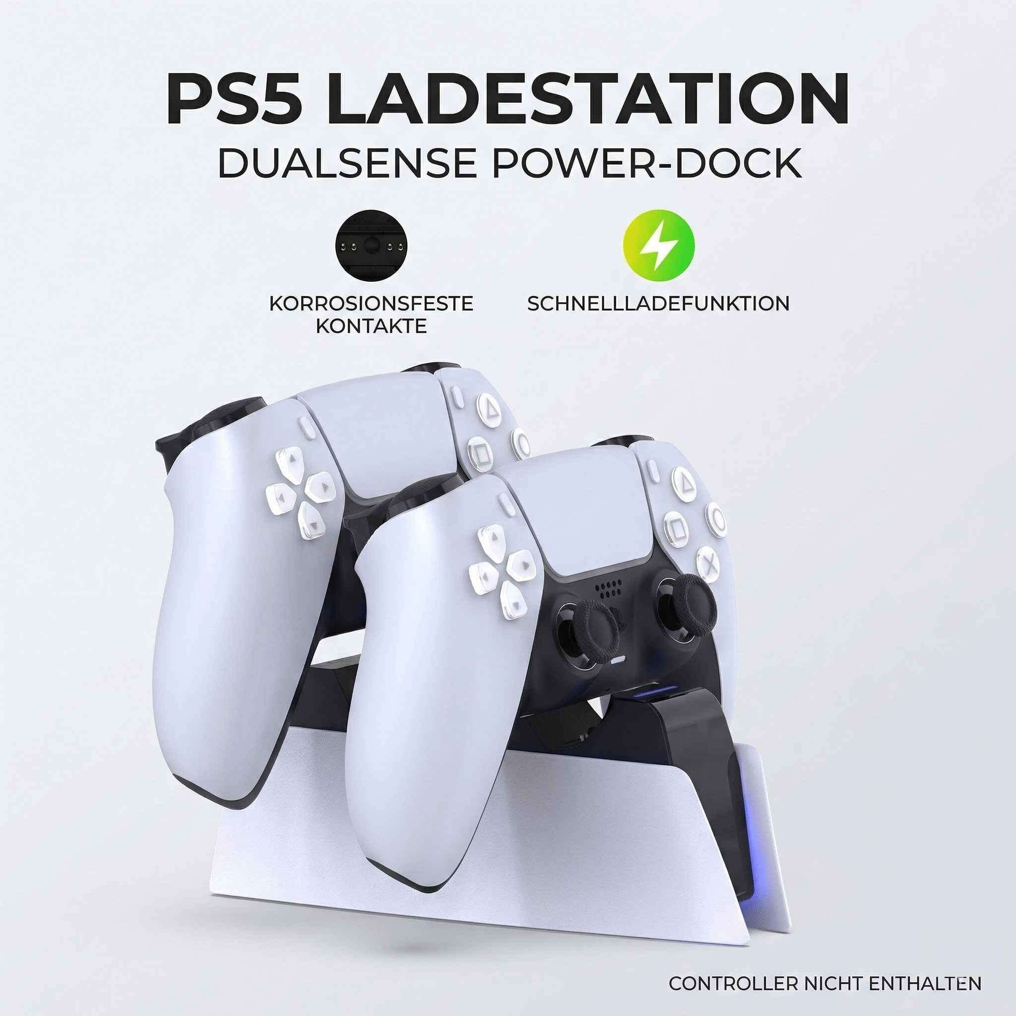 Weiße PS5 DualSense Controller auf einer Ladeschale.