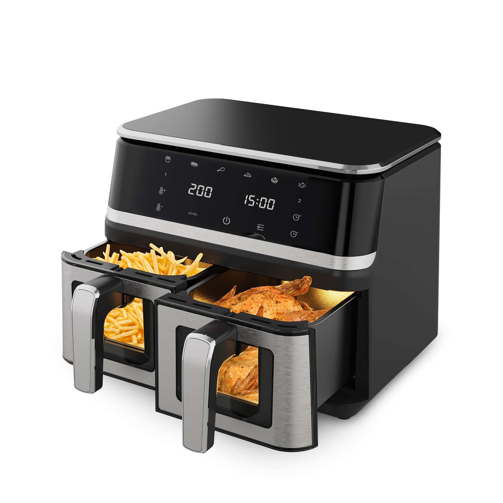 Doppel-Heißluftfritteuse mit gebratenem Hähnchen und Pommes frites.