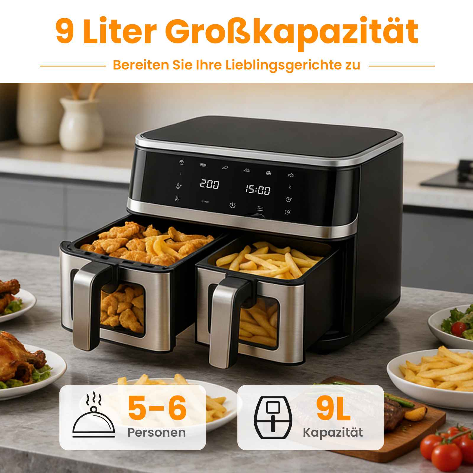 Eine schwarze Heißluftfritteuse mit zwei Schubladen, gefüllt mit Pommes und Hähnchen.
