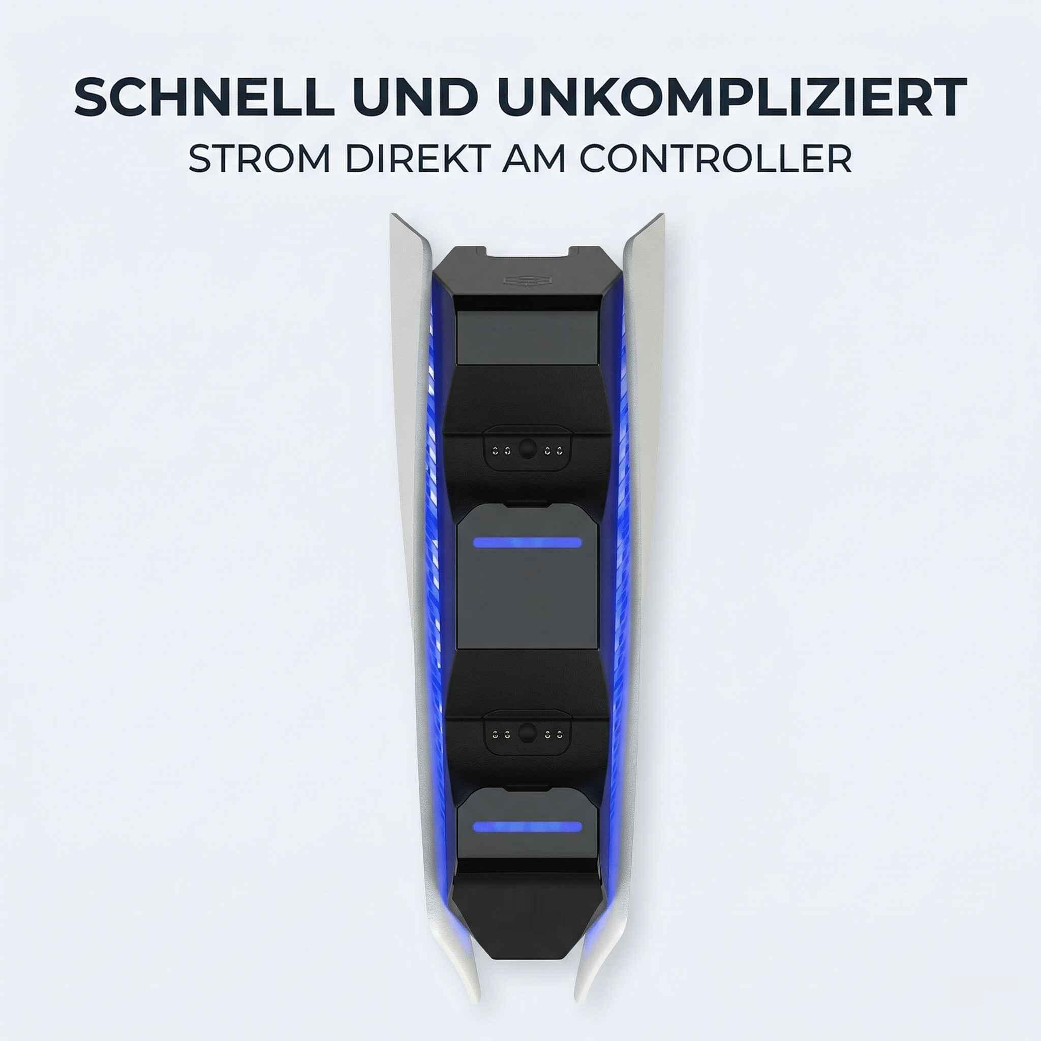Ein schwarzer Controller-Ständer mit blauen LED-Lichtern.