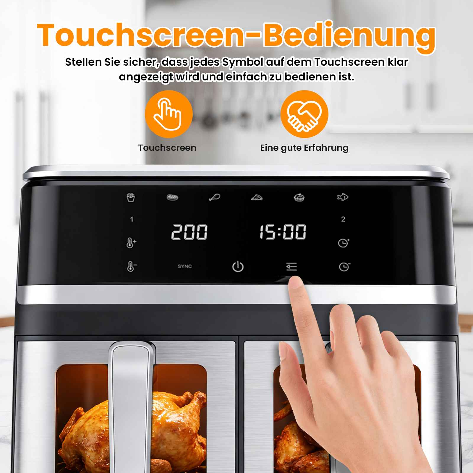 Eine Hand bedient einen Touchscreen eines Ofens mit einem Brathähnchen darin.