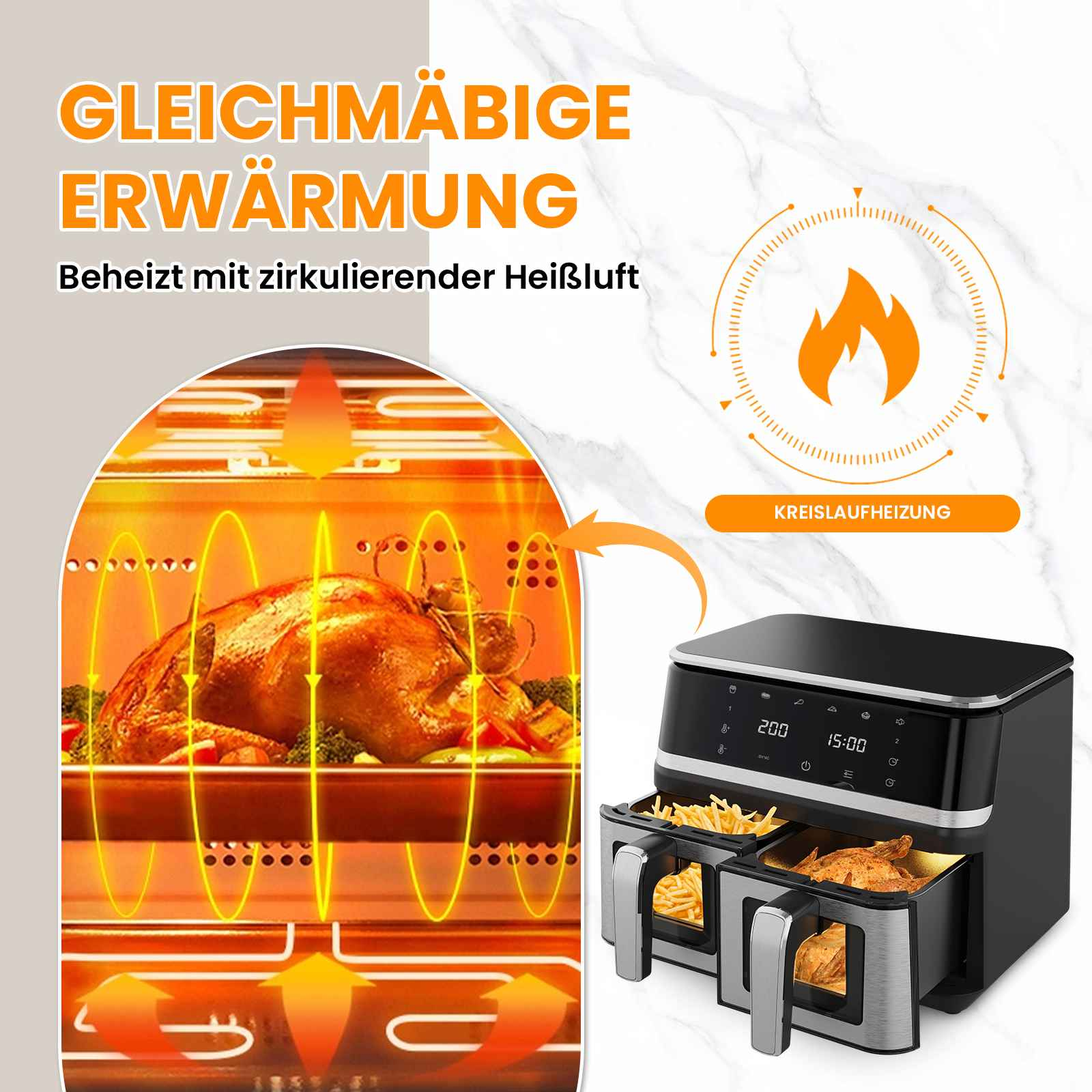 Doppel-Heißluftfritteuse mit Brathähnchen und Pommes Frites. Gleichmäßige Erwärmung.