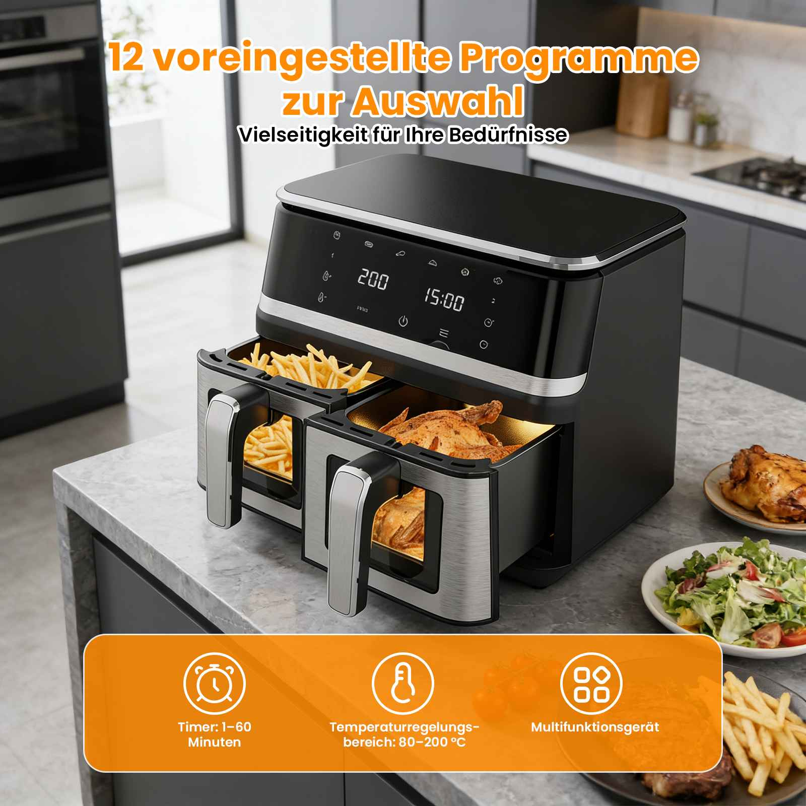 Eine Doppelschlitz-Heißluftfritteuse mit Pommes und Brathähnchen.