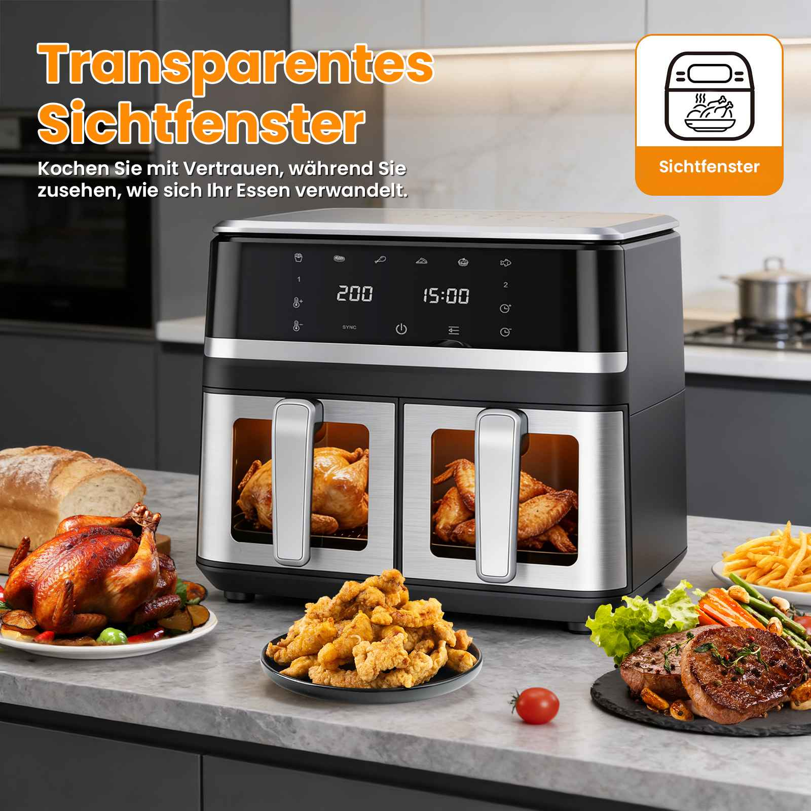 Doppel-Heißluftfritteuse mit zwei Kammern, gefüllt mit Hähnchen und Flügeln.