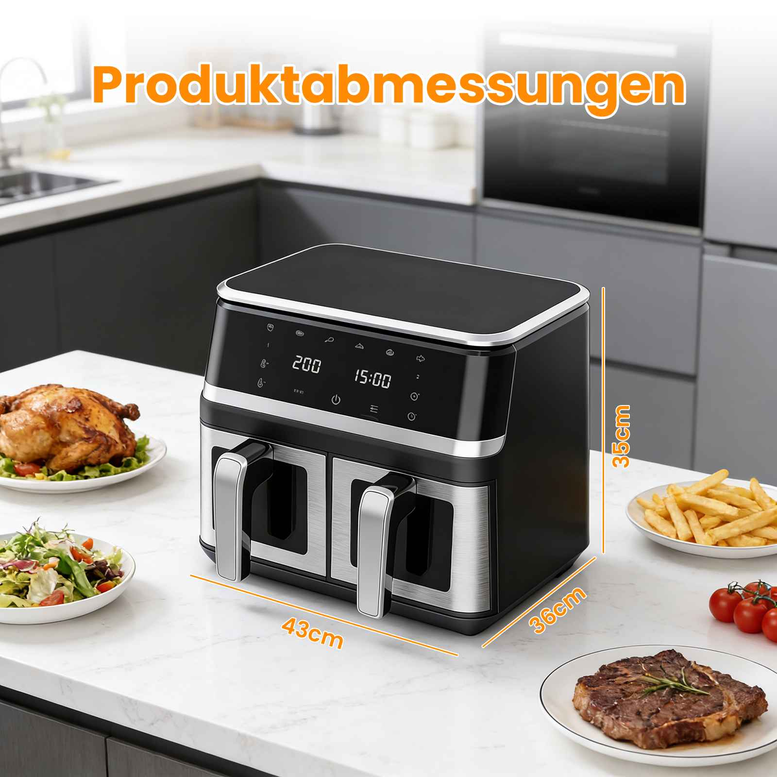 Ein schwarzer Doppel-Heißluftfritteuse mit Mahlzeiten daneben.