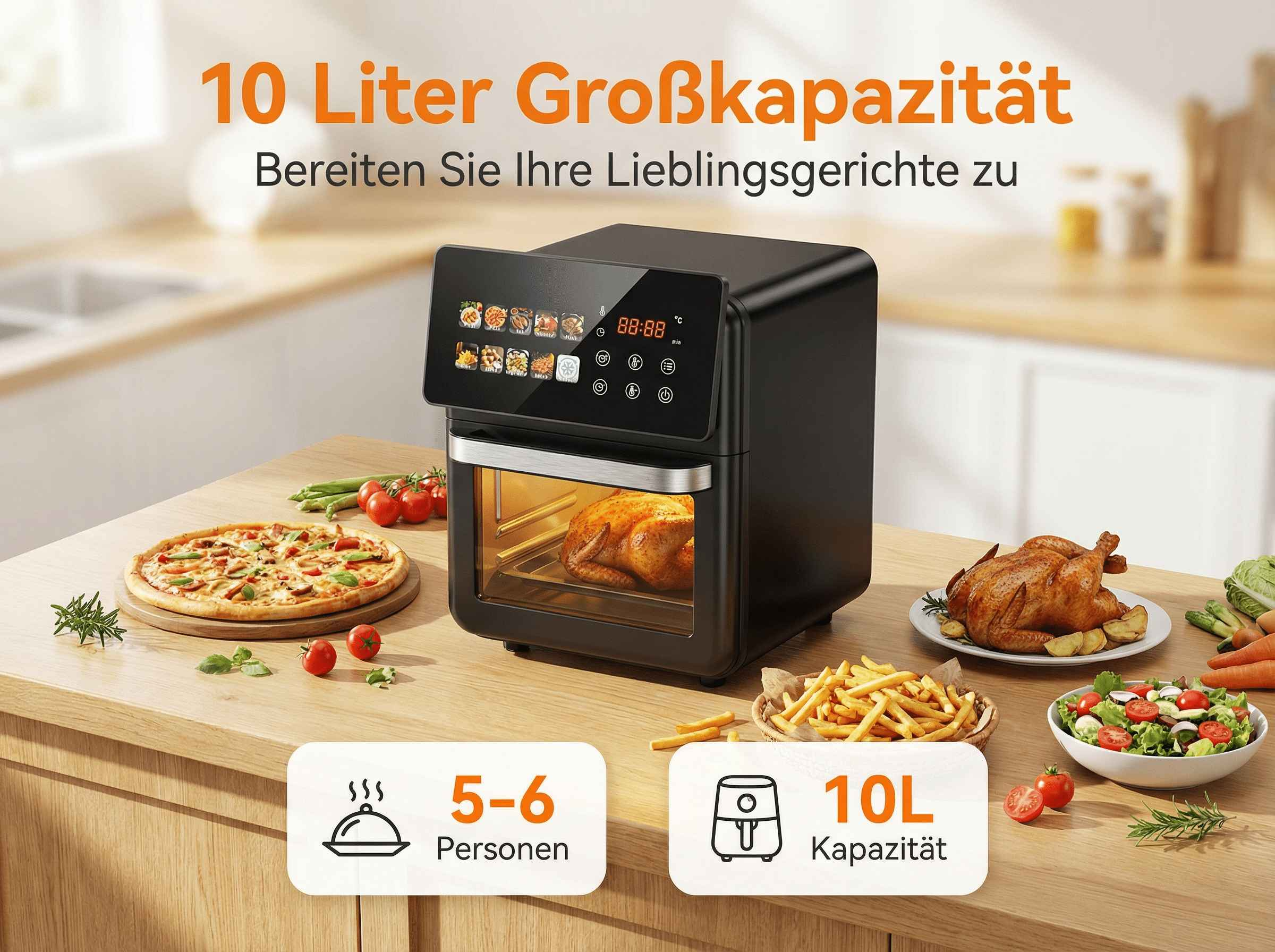Ein schwarzer Ofen mit gebratenem Huhn, Pizza, Pommes und Salat.