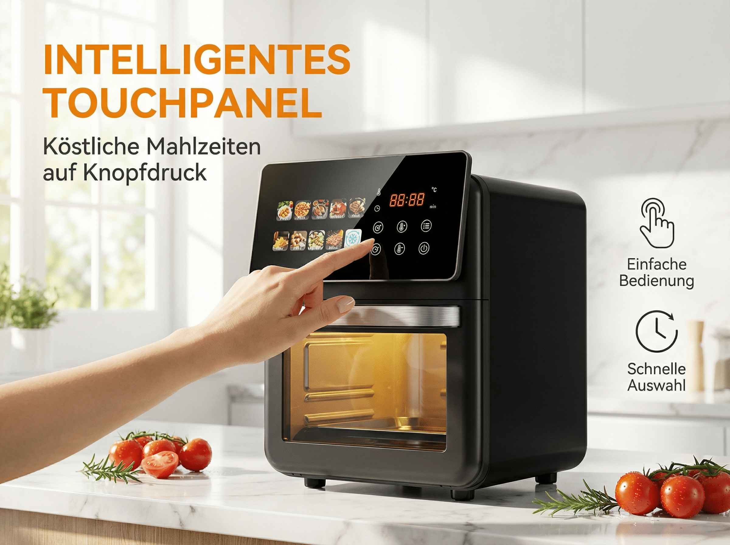 Eine Hand bedient ein schwarzes Touchscreen-Bedienfeld eines Airfryers. Daneben stehen Tomaten.