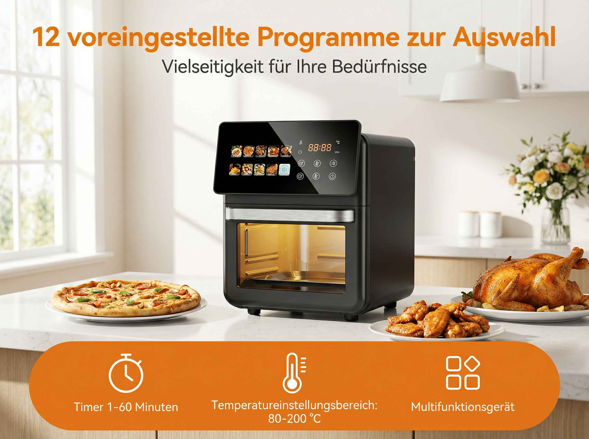Ein schwarzer Heißluftfritteusen-Ofen mit Speisen, z.B. Hähnchen und Pizza.