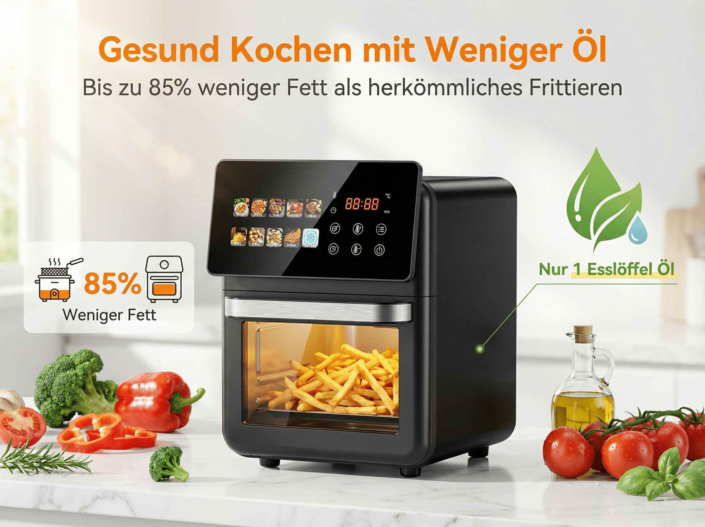 Schwarzer Heißluftfritteuse mit Pommes, Gemüse und Öl. Text über gesunde Zubereitung.