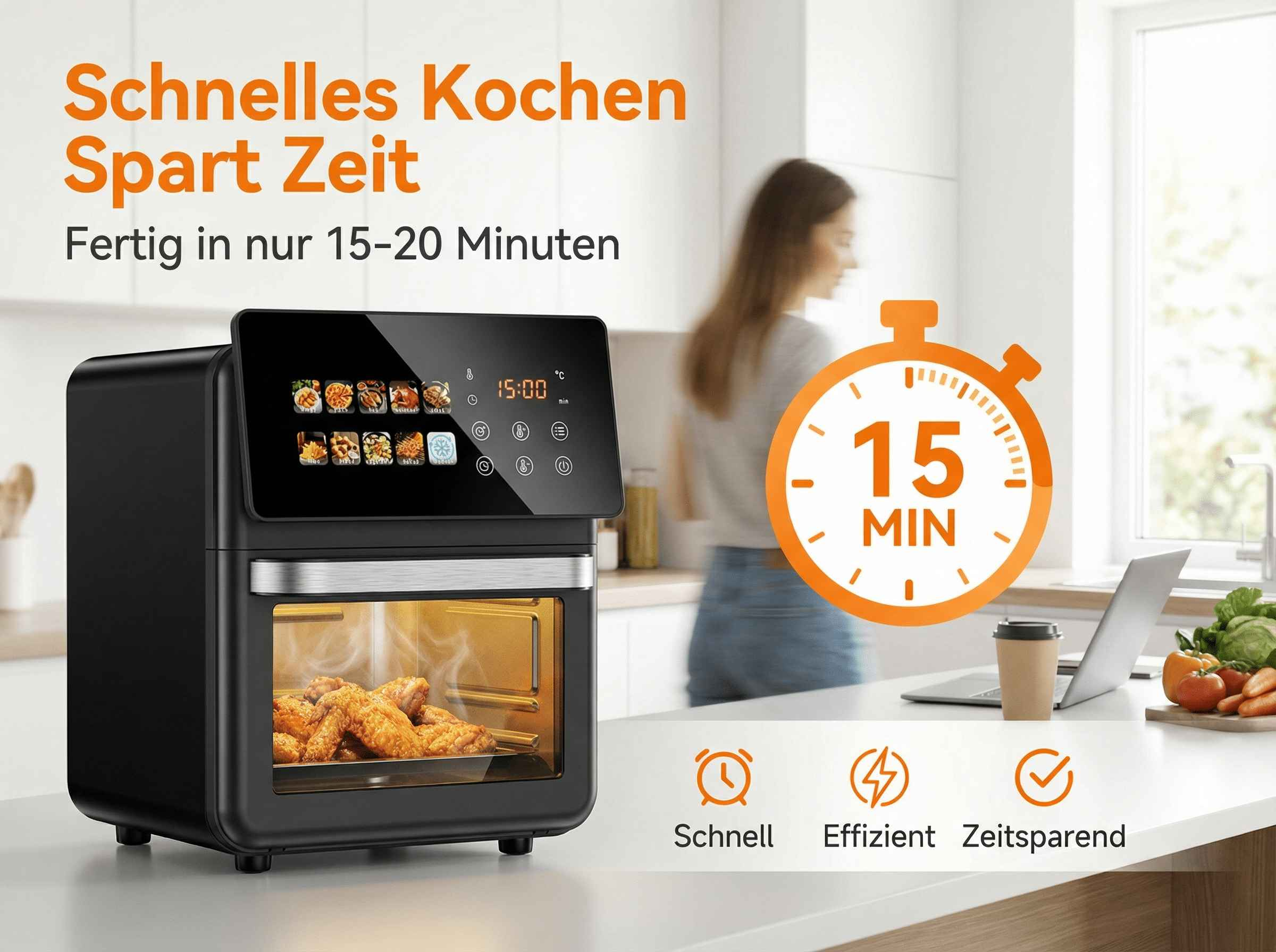 Schwarzer Airfryer mit Hähnchenflügeln, Kochzeiten und Symbolen.