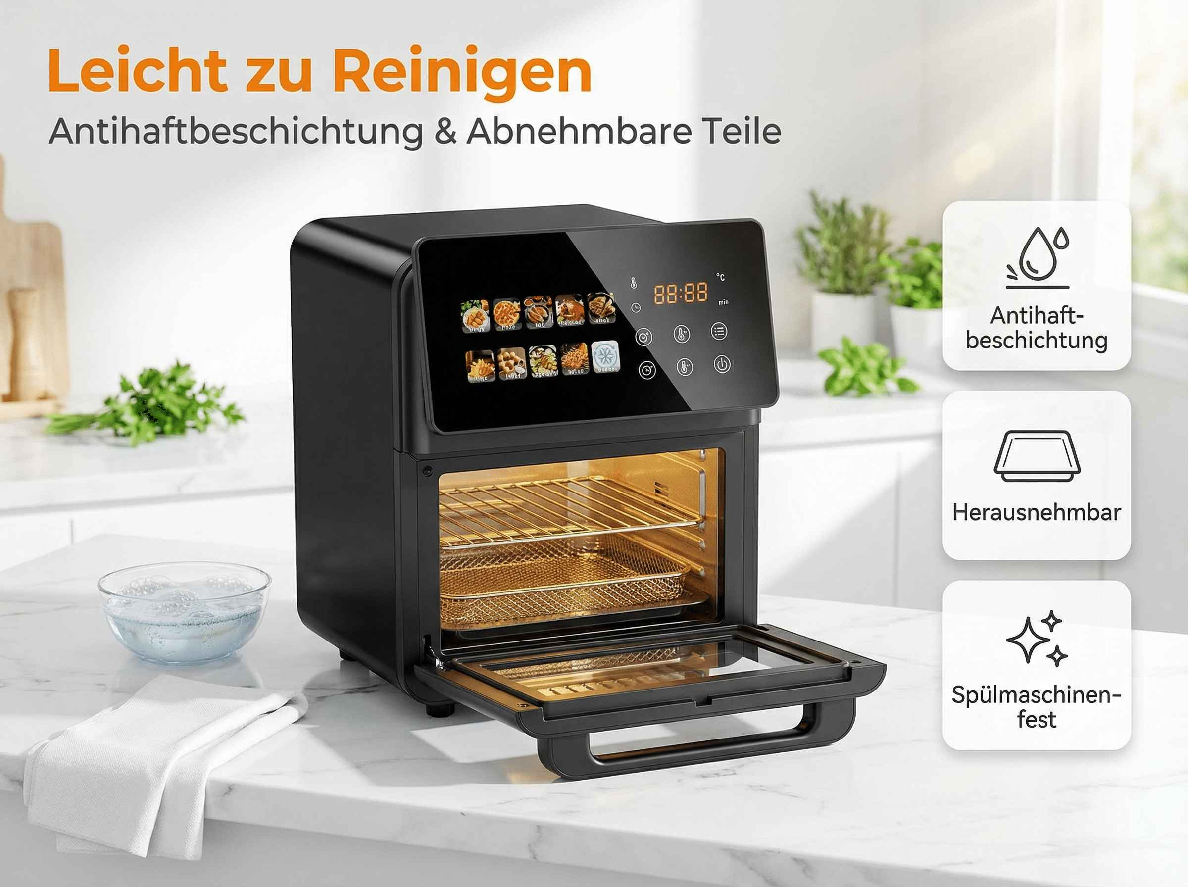 Schwarzer Heißluftfritteusenofen mit offenem Fach, digitalem Display und Symbolen.