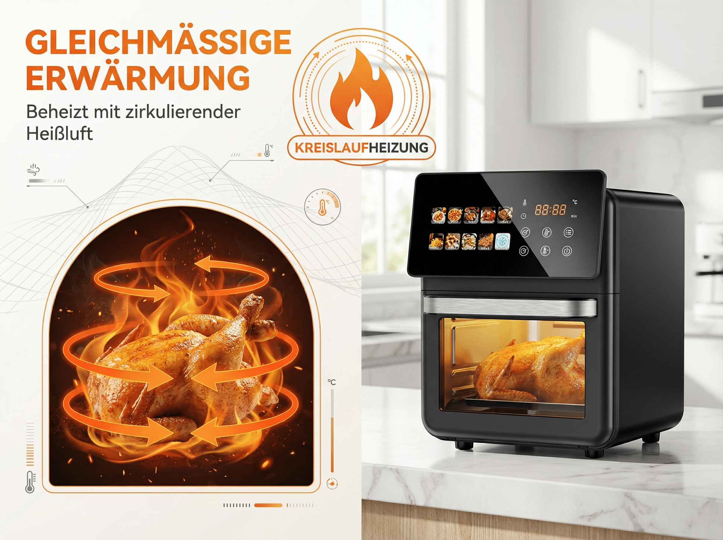 Ein Brathähnchen wird in einem schwarzen Heißluftfritteusen-Ofen gegart, umgeben von Flammen und Pfeilen.