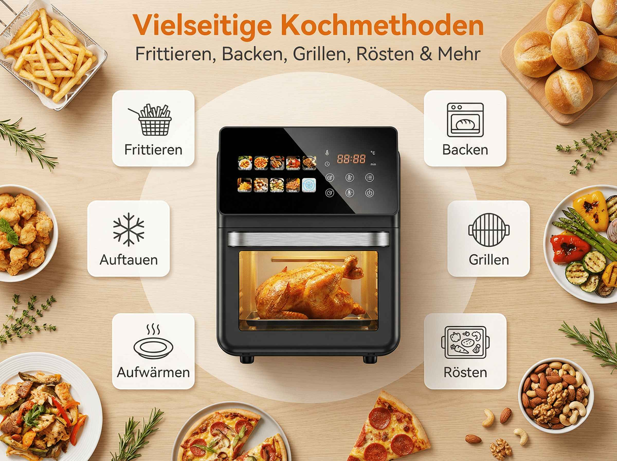 Ein digitaler Ofen mit verschiedenen Kochmodi und Lebensmitteln.